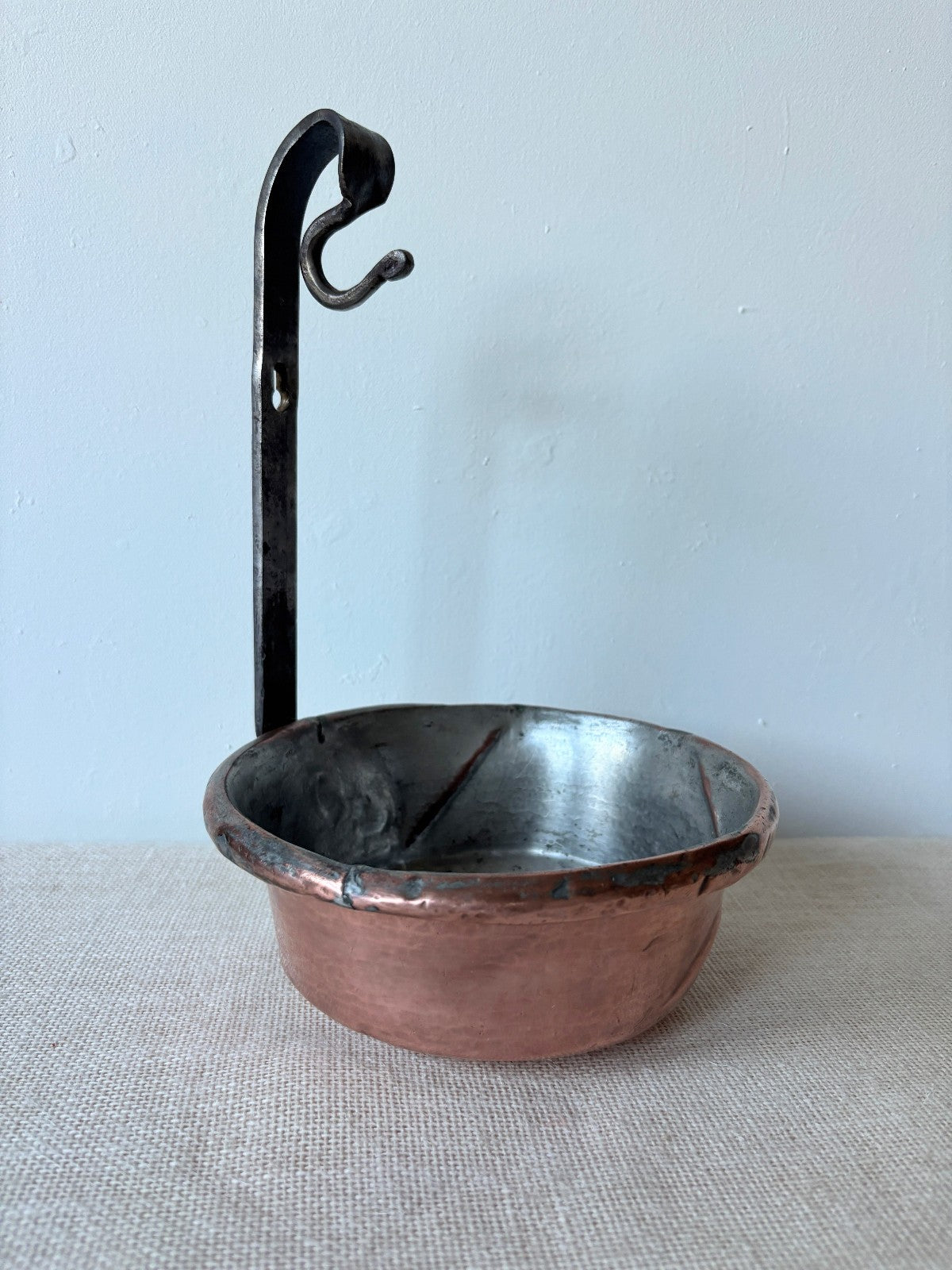 Antique French tin lined Copper Ladel or Pot with upright iron Handle