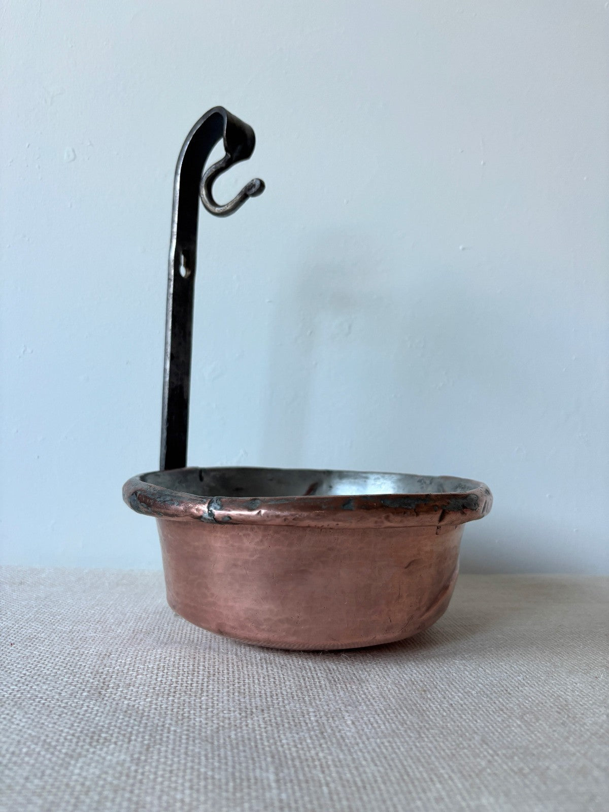 Antique French tin lined Copper Ladel or Pot with upright iron Handle