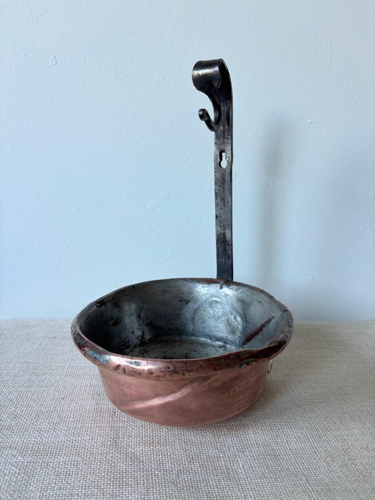 Antique French tin lined Copper Ladel or Pot with upright iron Handle