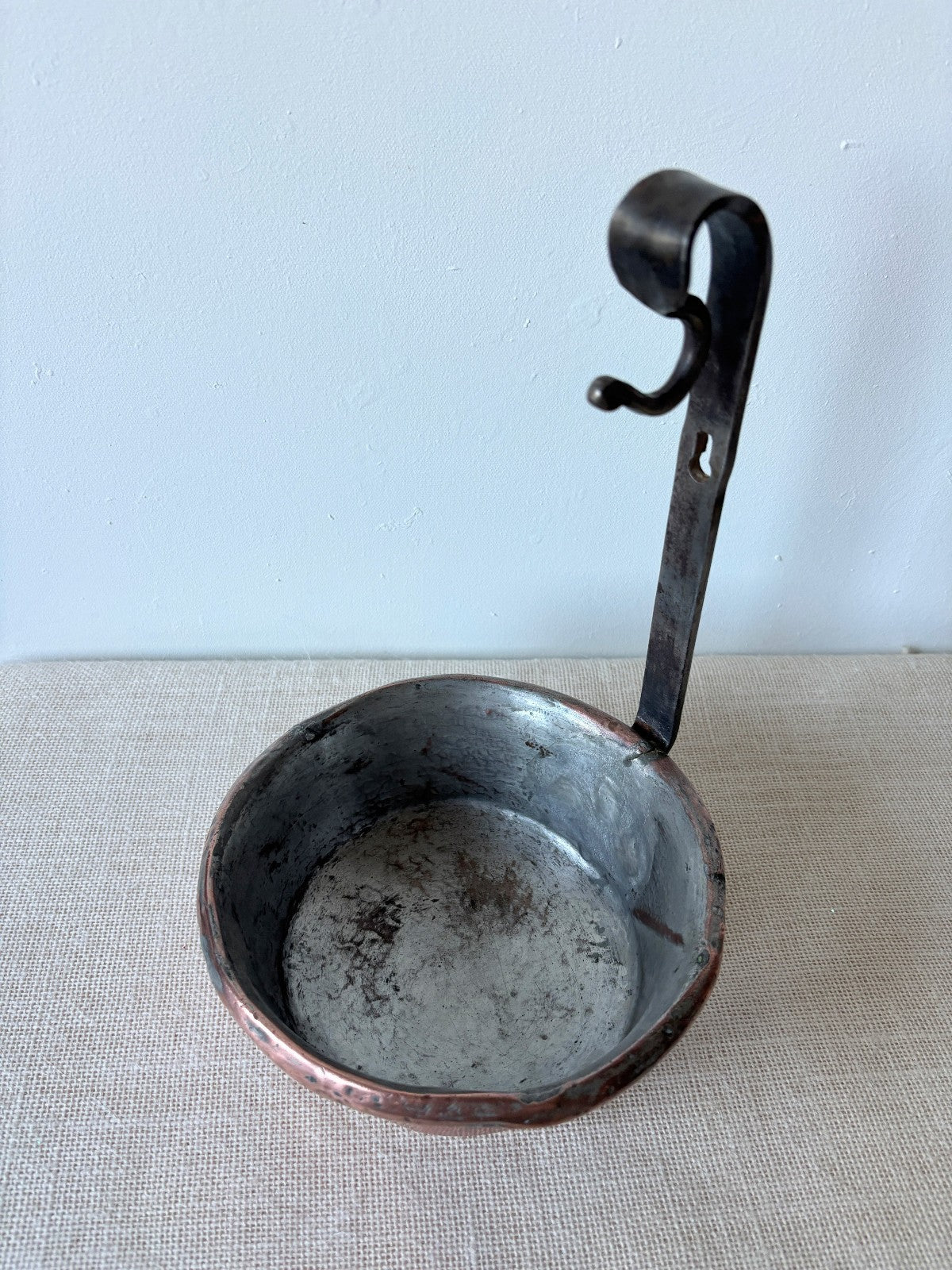 Antique French tin lined Copper Ladel or Pot with upright iron Handle