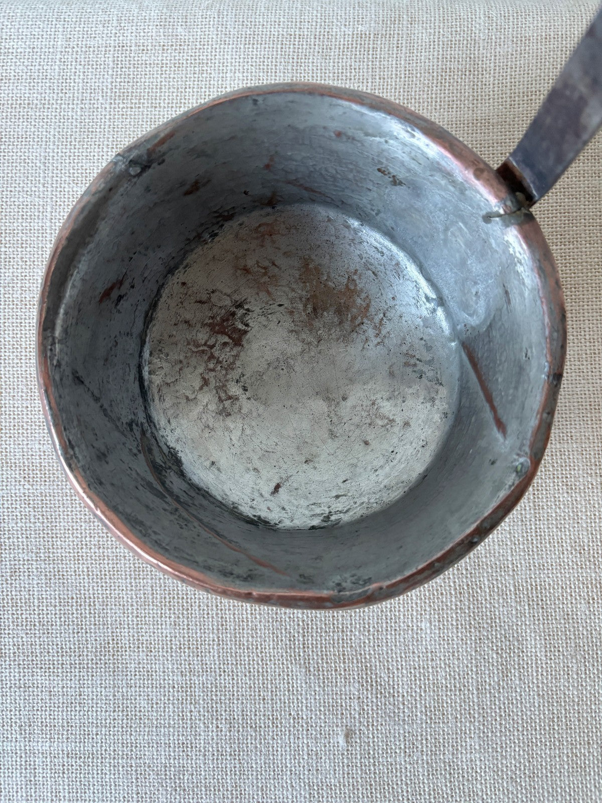 Antique French tin lined Copper Ladel or Pot with upright iron Handle