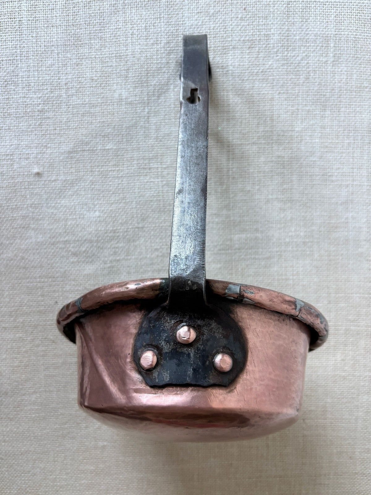 Antique French tin lined Copper Ladel or Pot with upright iron Handle