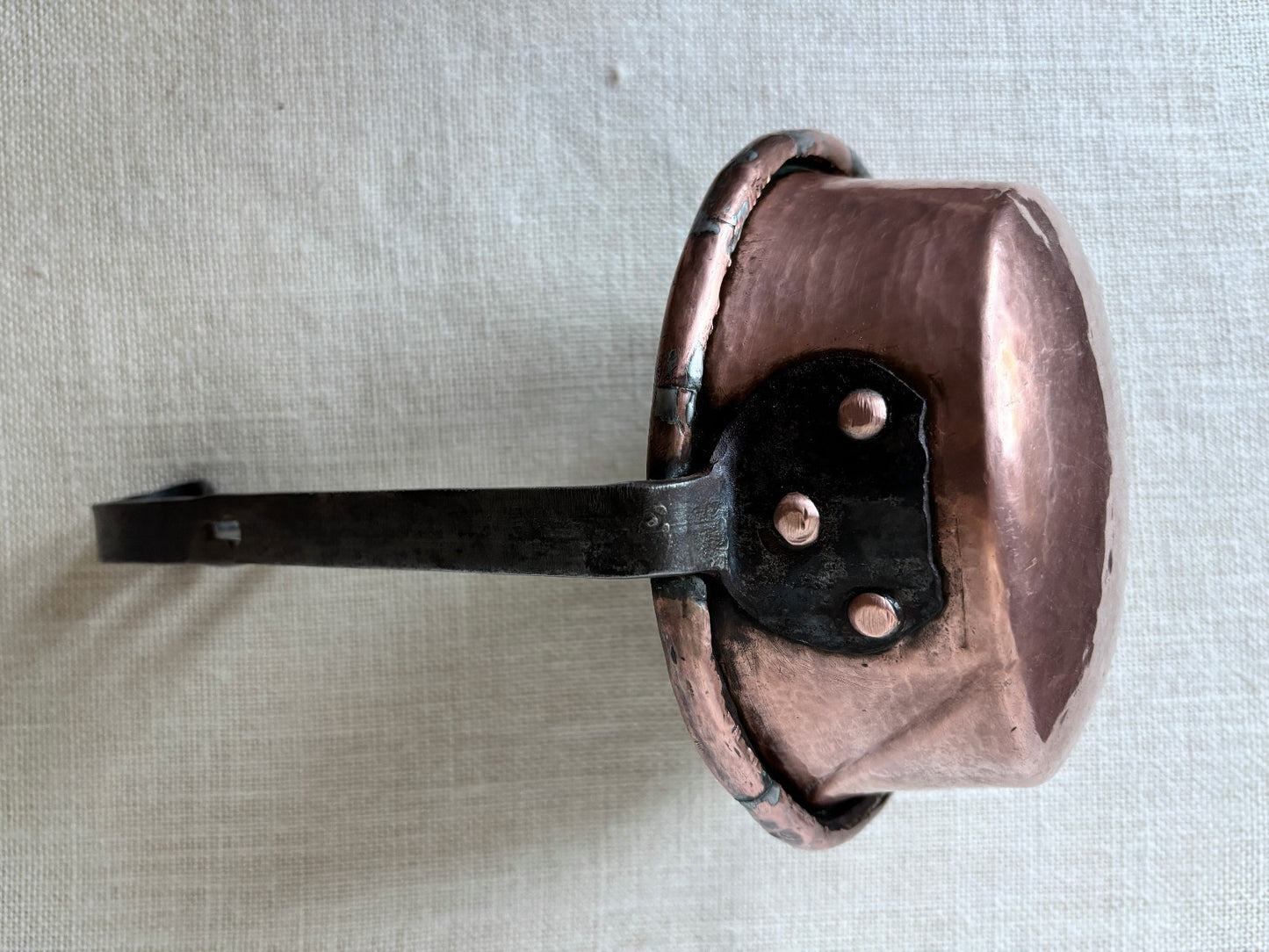 Antique French tin lined Copper Ladel or Pot with upright iron Handle