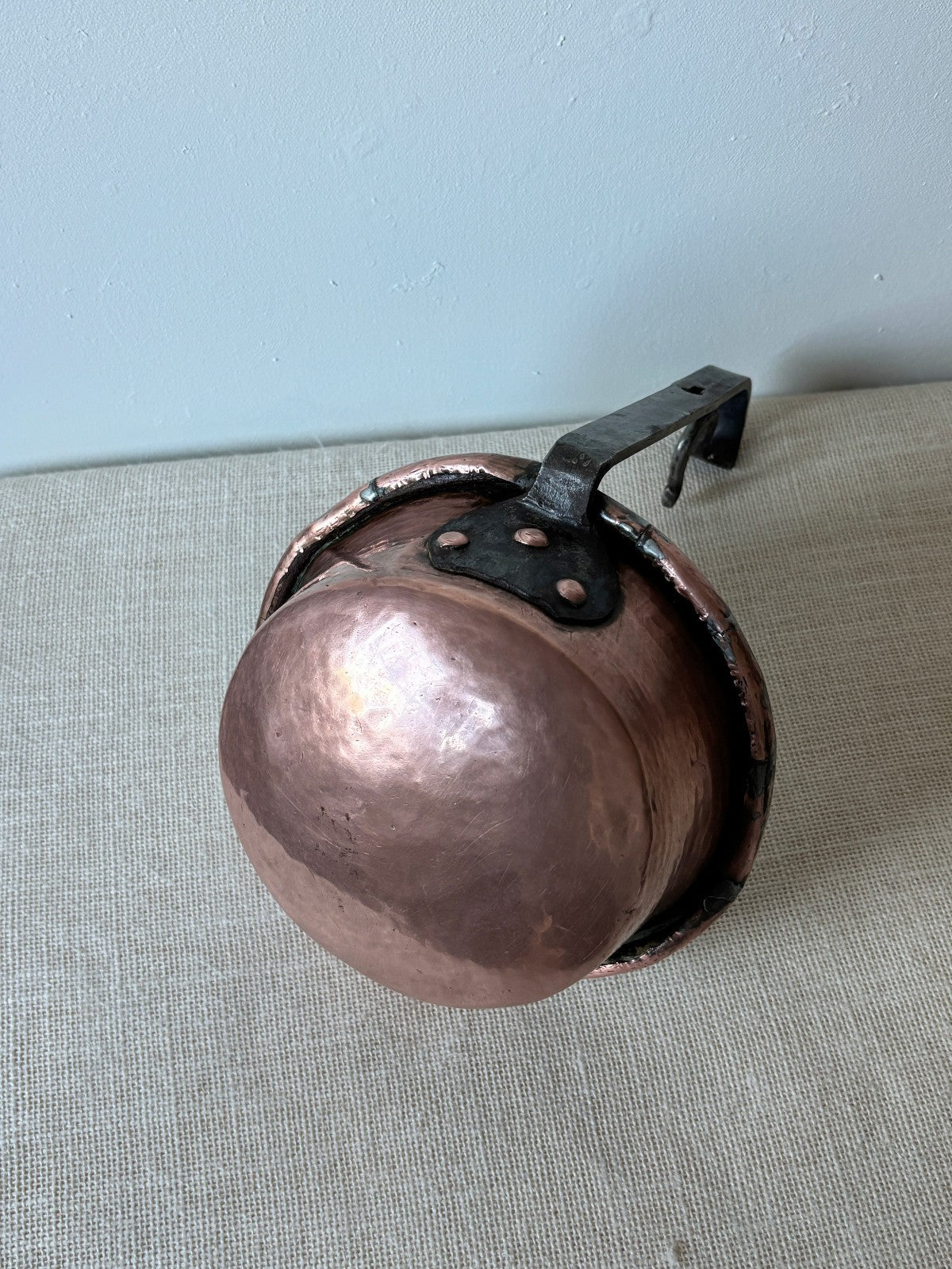Antique French tin lined Copper Ladel or Pot with upright iron Handle