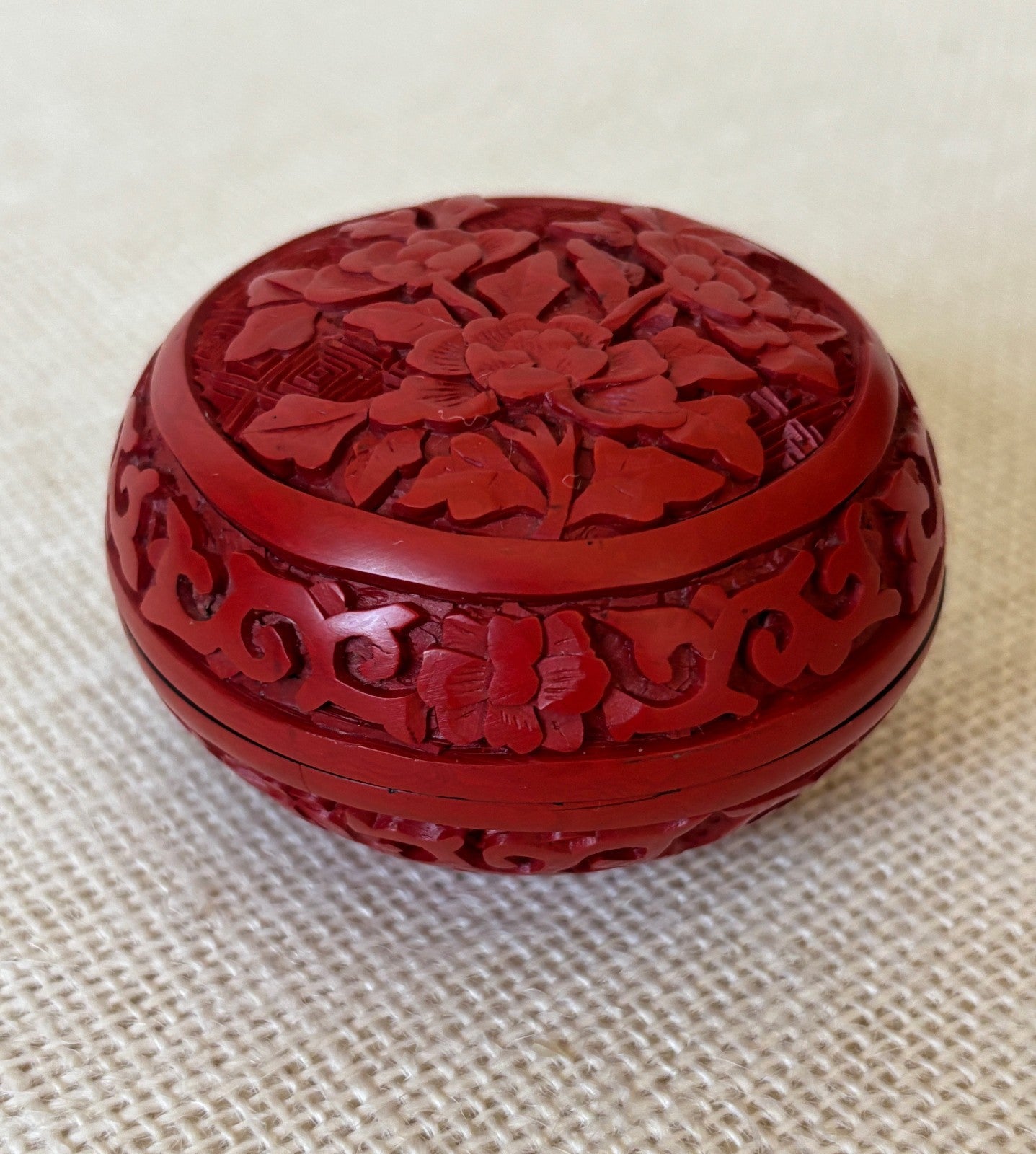 Carved Cinnabar Lacquer Box with Peony Flowers