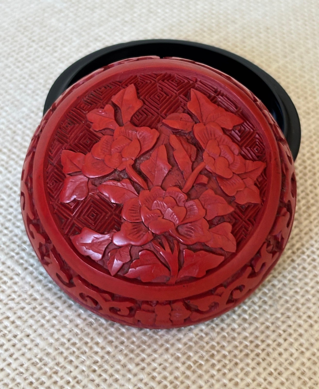 Carved Cinnabar Lacquer Box with Peony Flowers