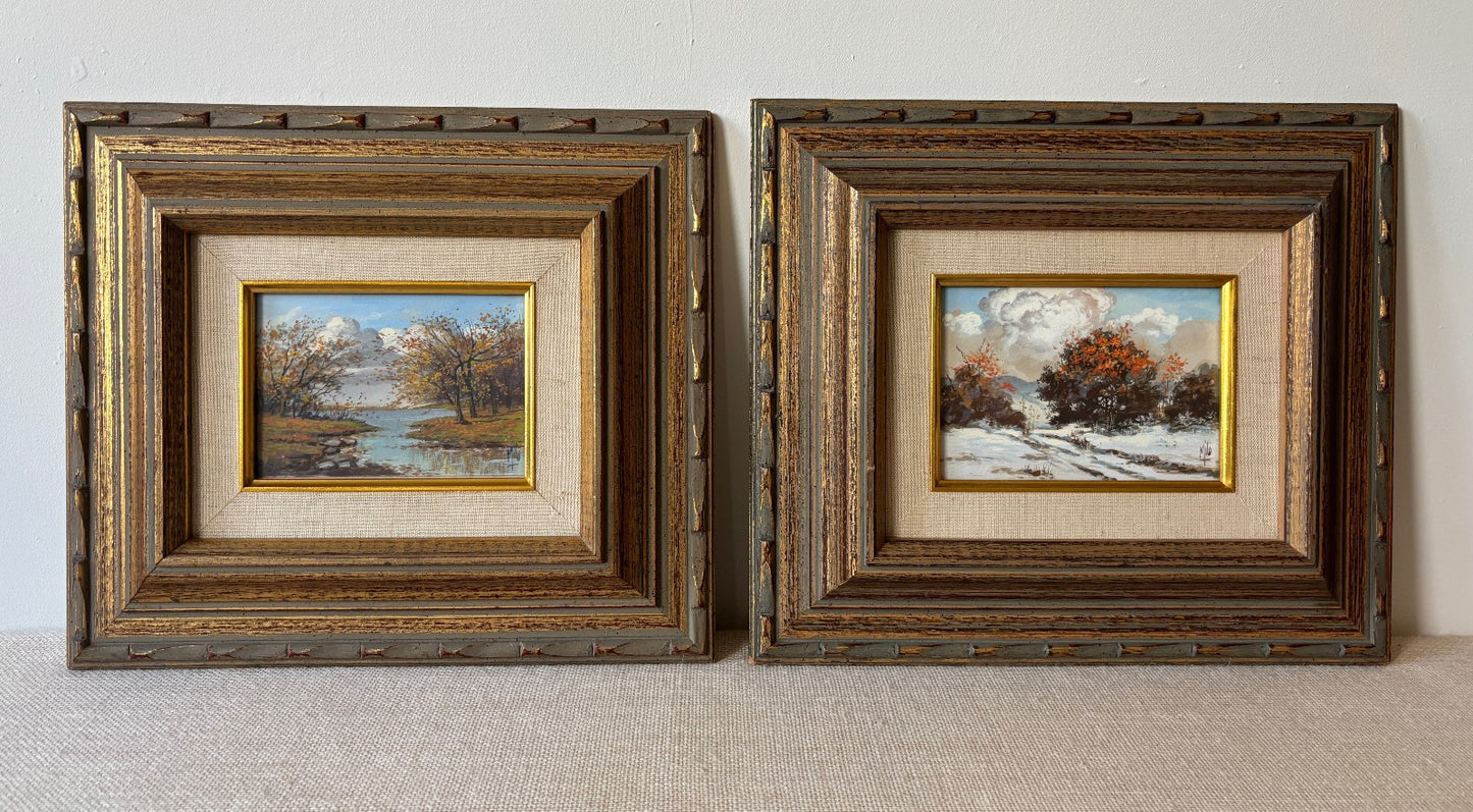 Pair of gilt mid century Frames with small Landscape Oil Paintings