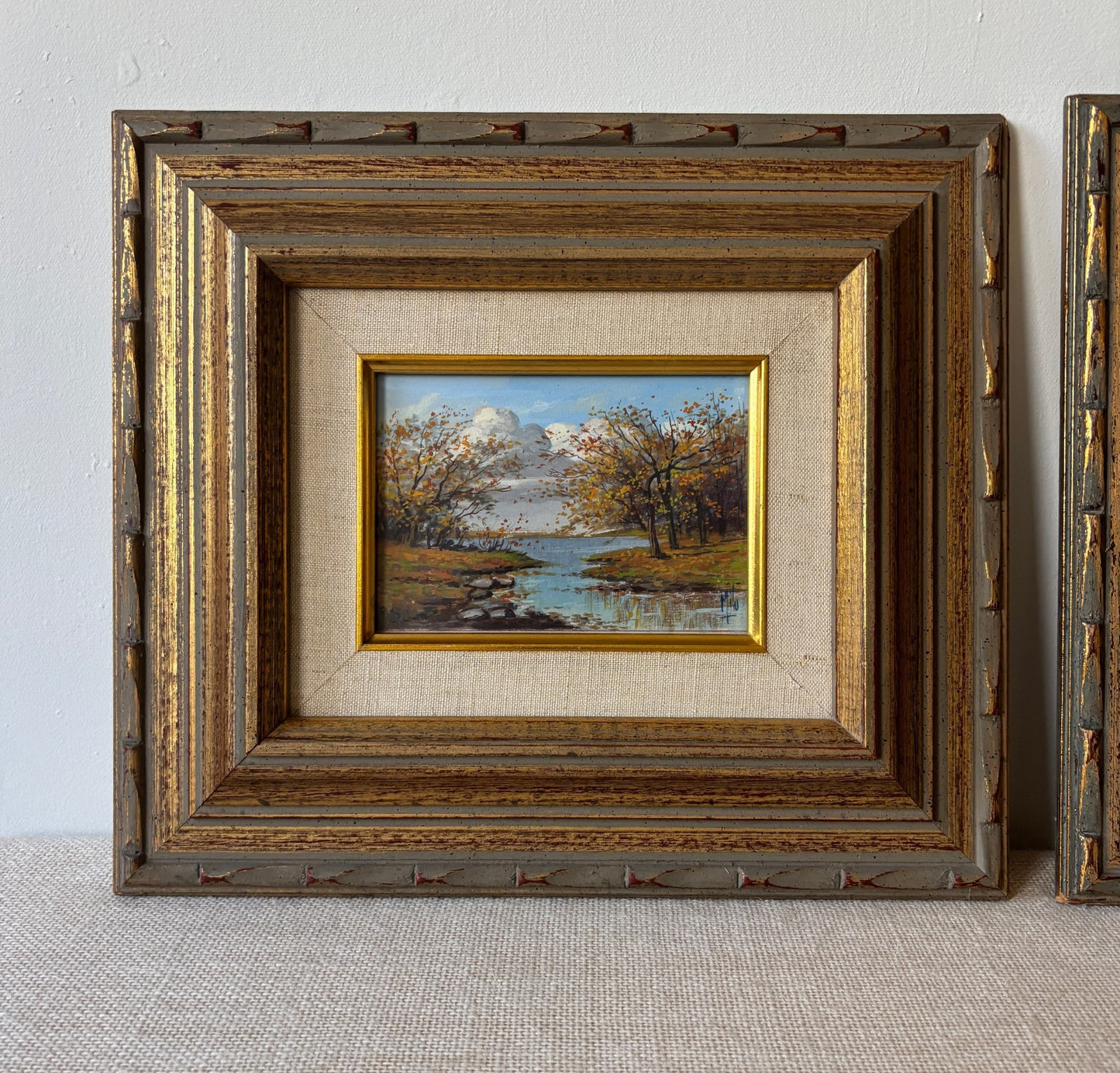 Pair of gilt mid century Frames with small Landscape Oil Paintings
