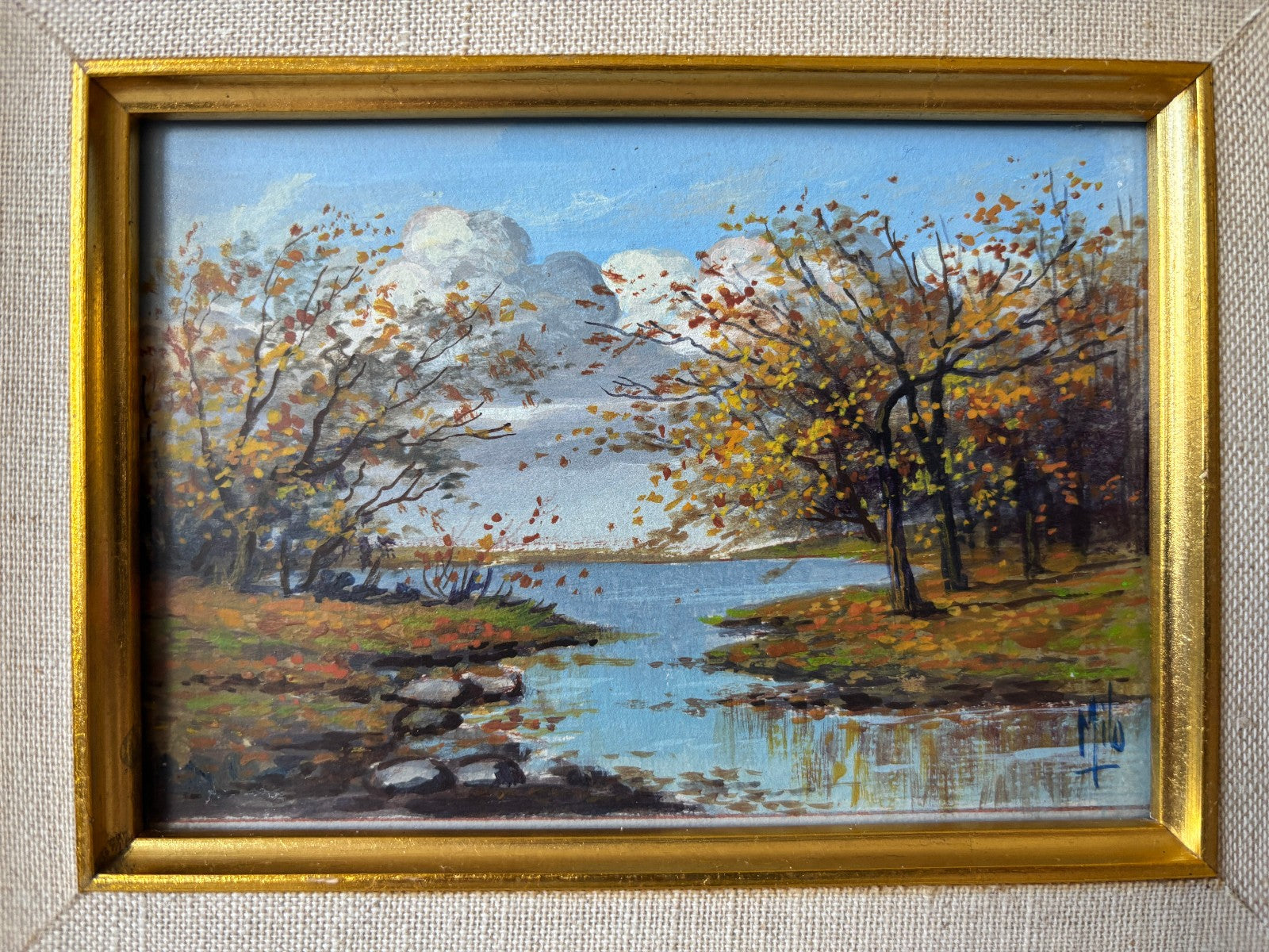 Pair of gilt mid century Frames with small Landscape Oil Paintings