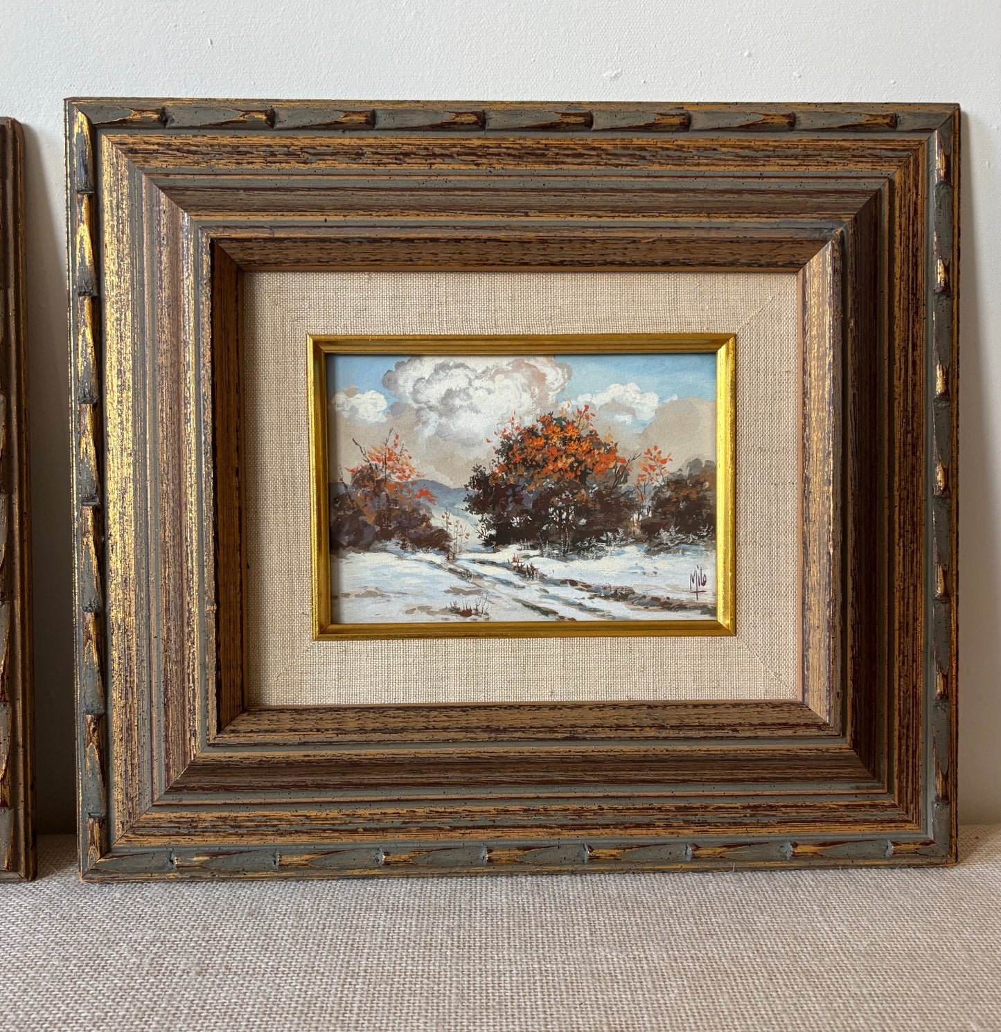 Pair of gilt mid century Frames with small Landscape Oil Paintings
