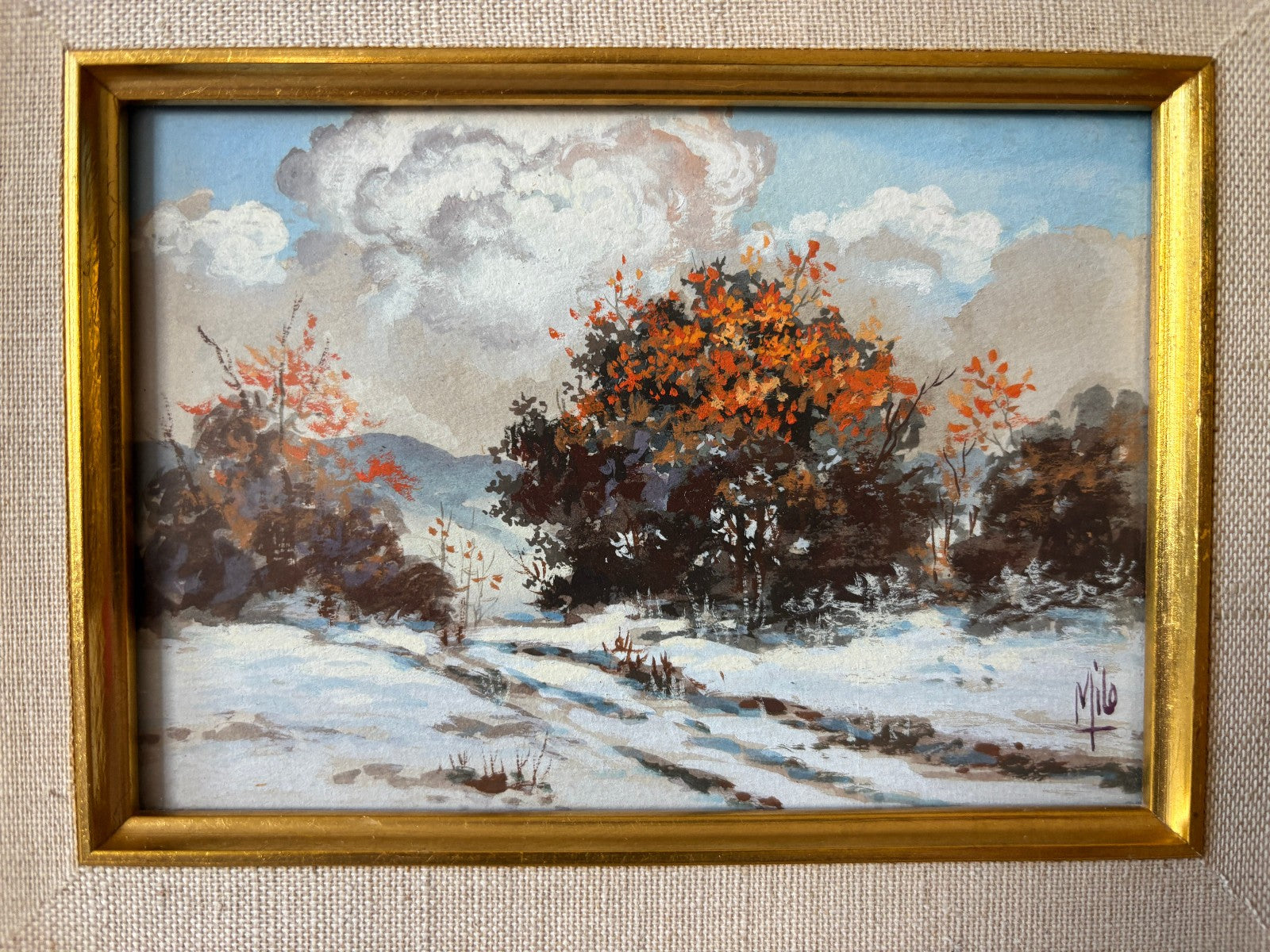 Pair of gilt mid century Frames with small Landscape Oil Paintings