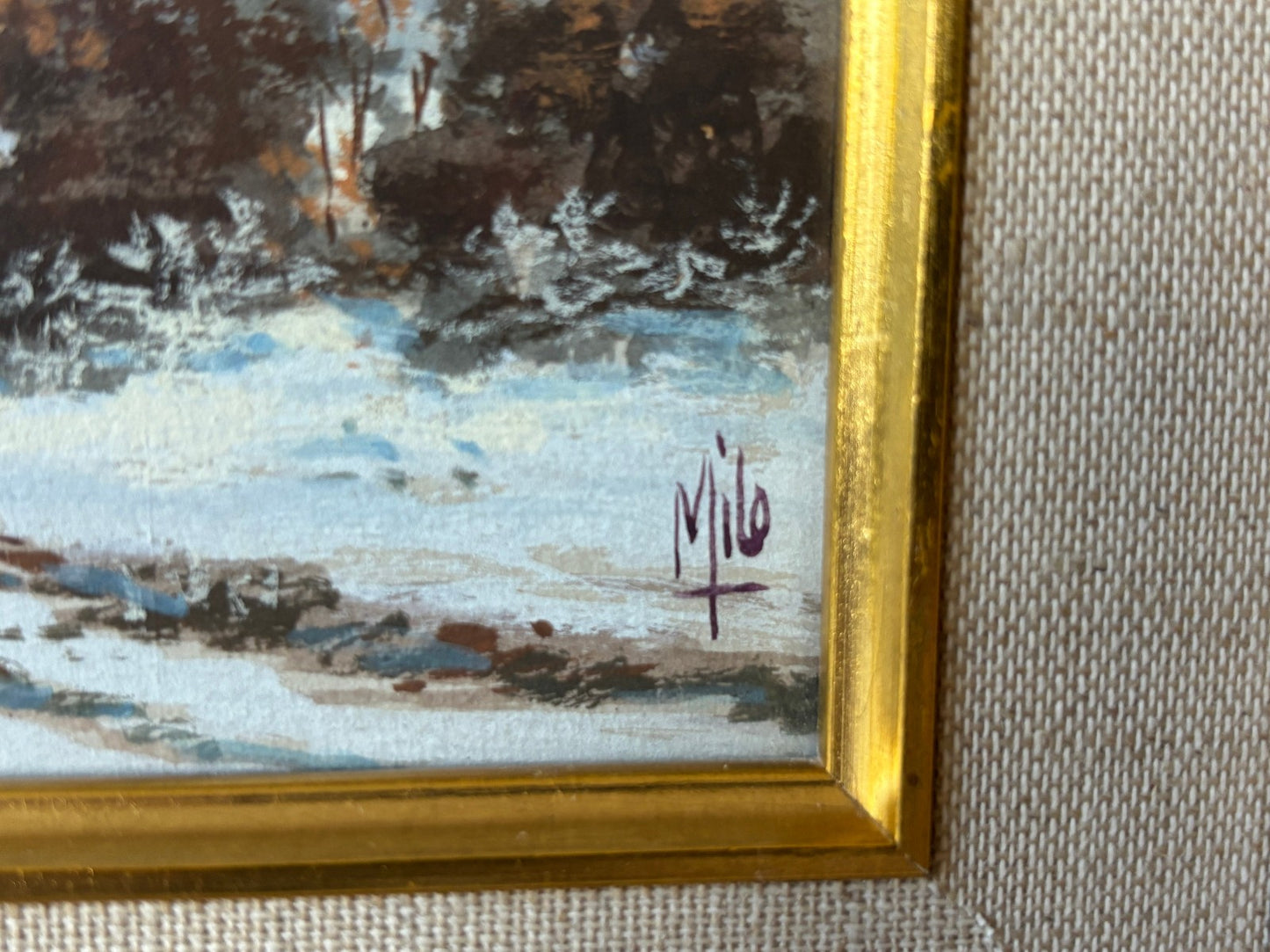 Pair of gilt mid century Frames with small Landscape Oil Paintings