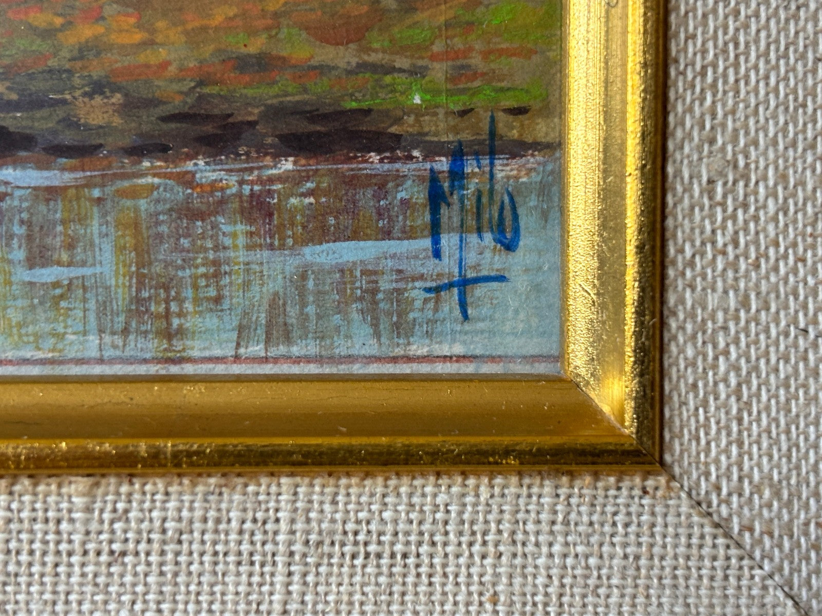 Pair of gilt mid century Frames with small Landscape Oil Paintings