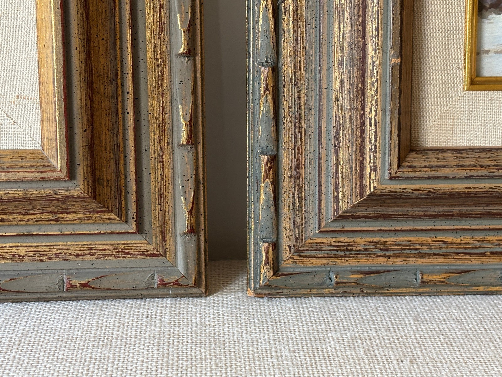 Pair of gilt mid century Frames with small Landscape Oil Paintings