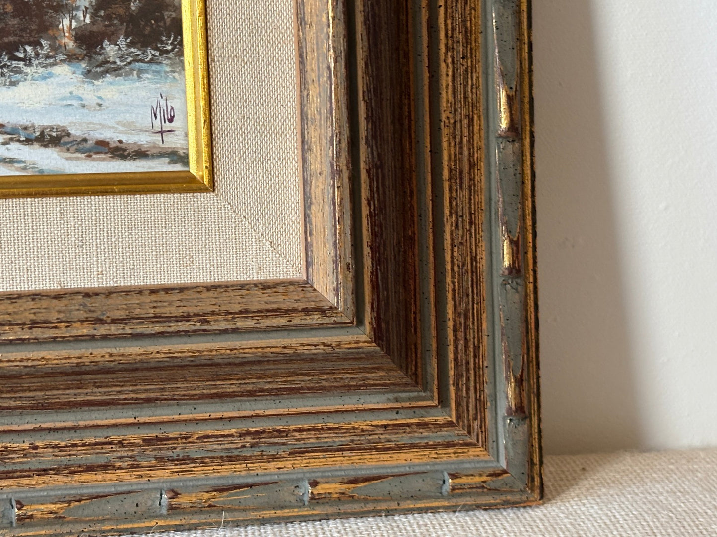 Pair of gilt mid century Frames with small Landscape Oil Paintings