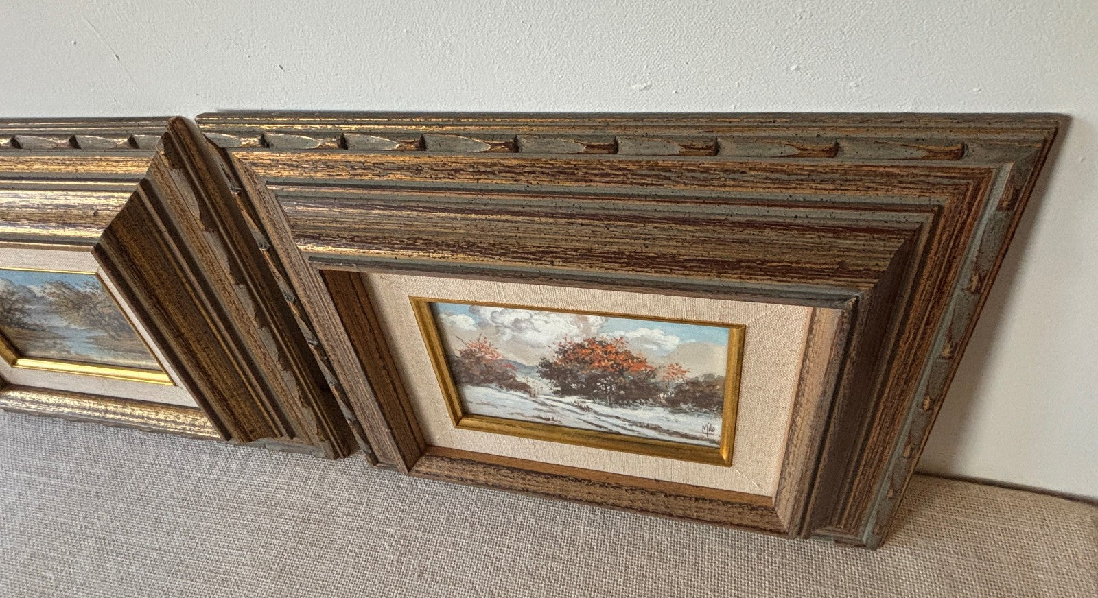 Pair of gilt mid century Frames with small Landscape Oil Paintings