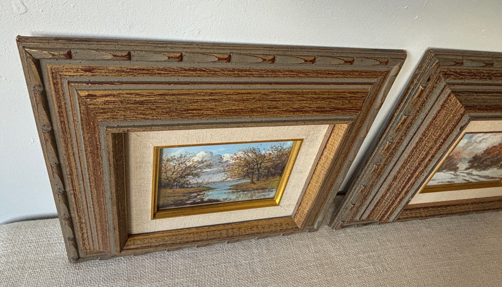 Pair of gilt mid century Frames with small Landscape Oil Paintings