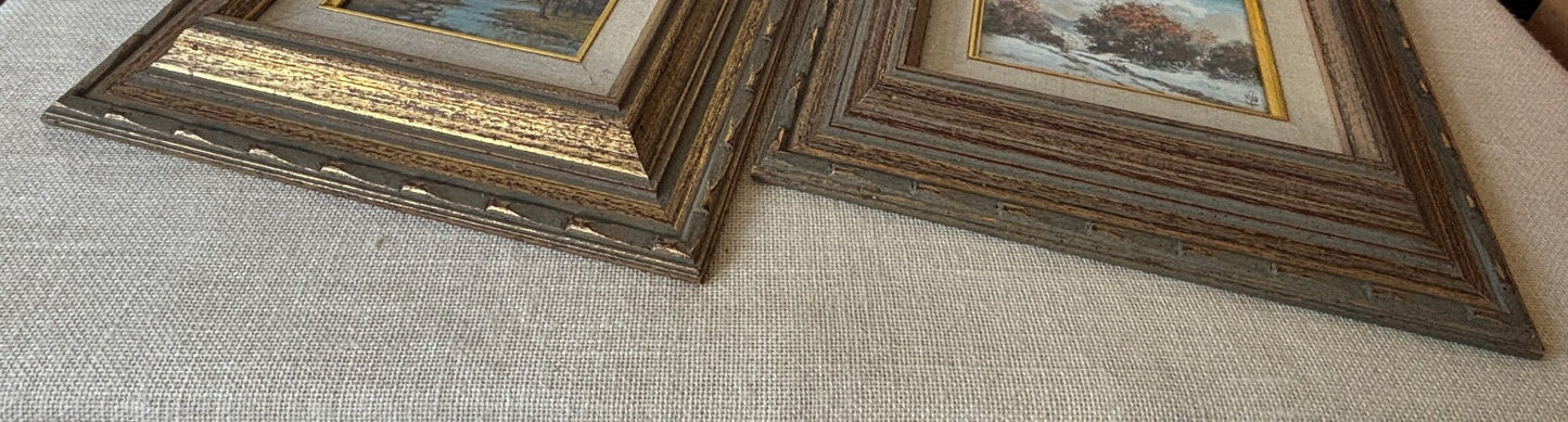 Pair of gilt mid century Frames with small Landscape Oil Paintings