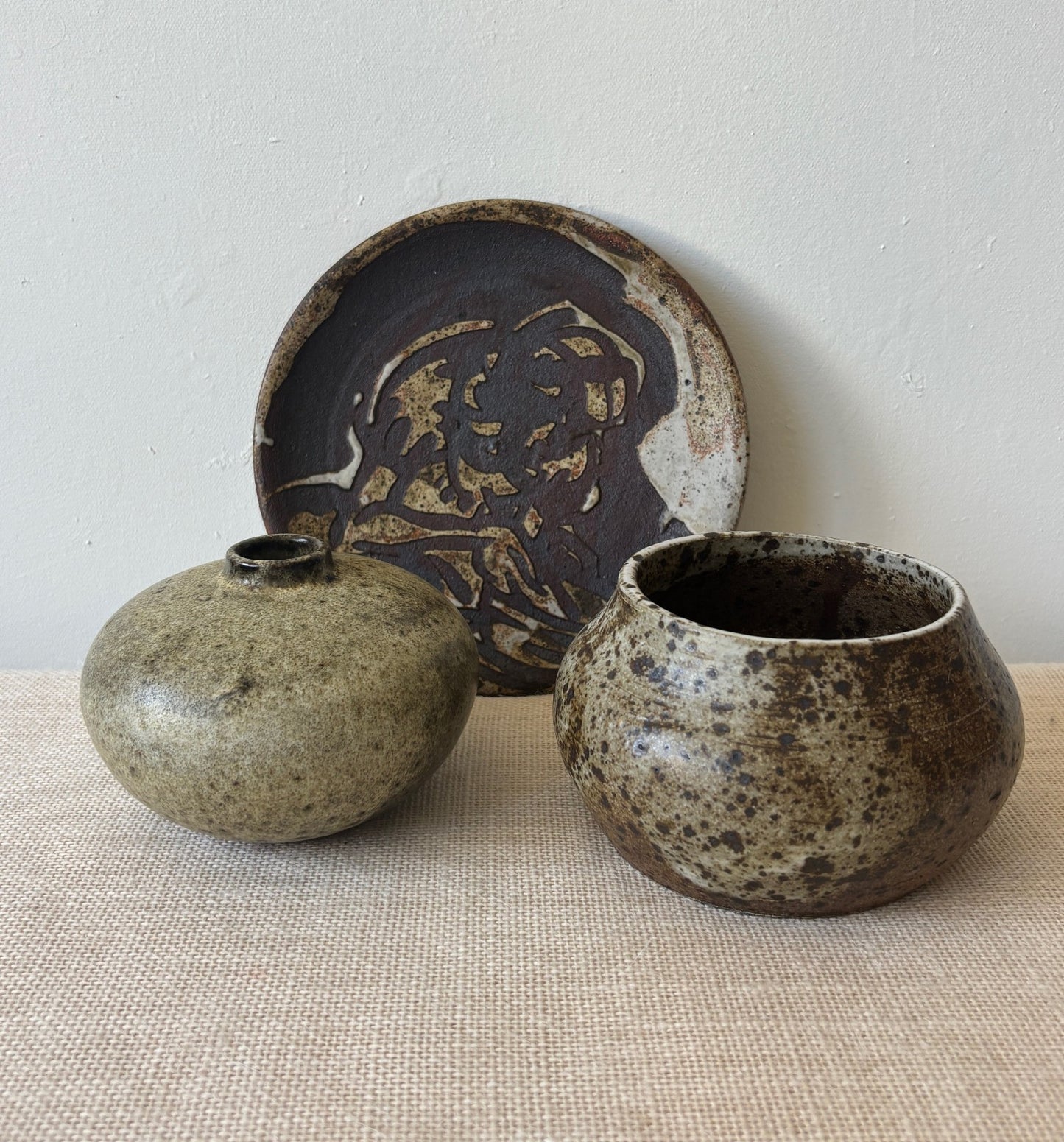 Mid Century Brown & Sage Glaze Studio Art Pottery, set of 3