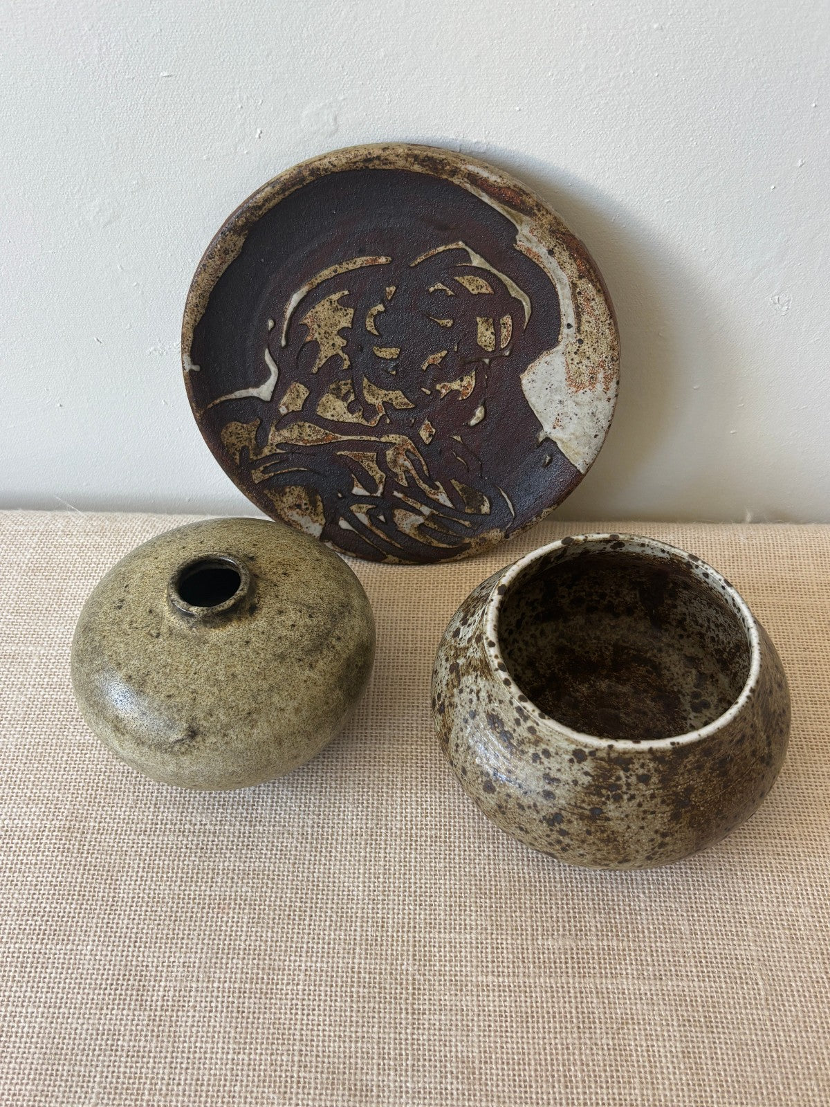 Mid Century Brown & Sage Glaze Studio Art Pottery, set of 3