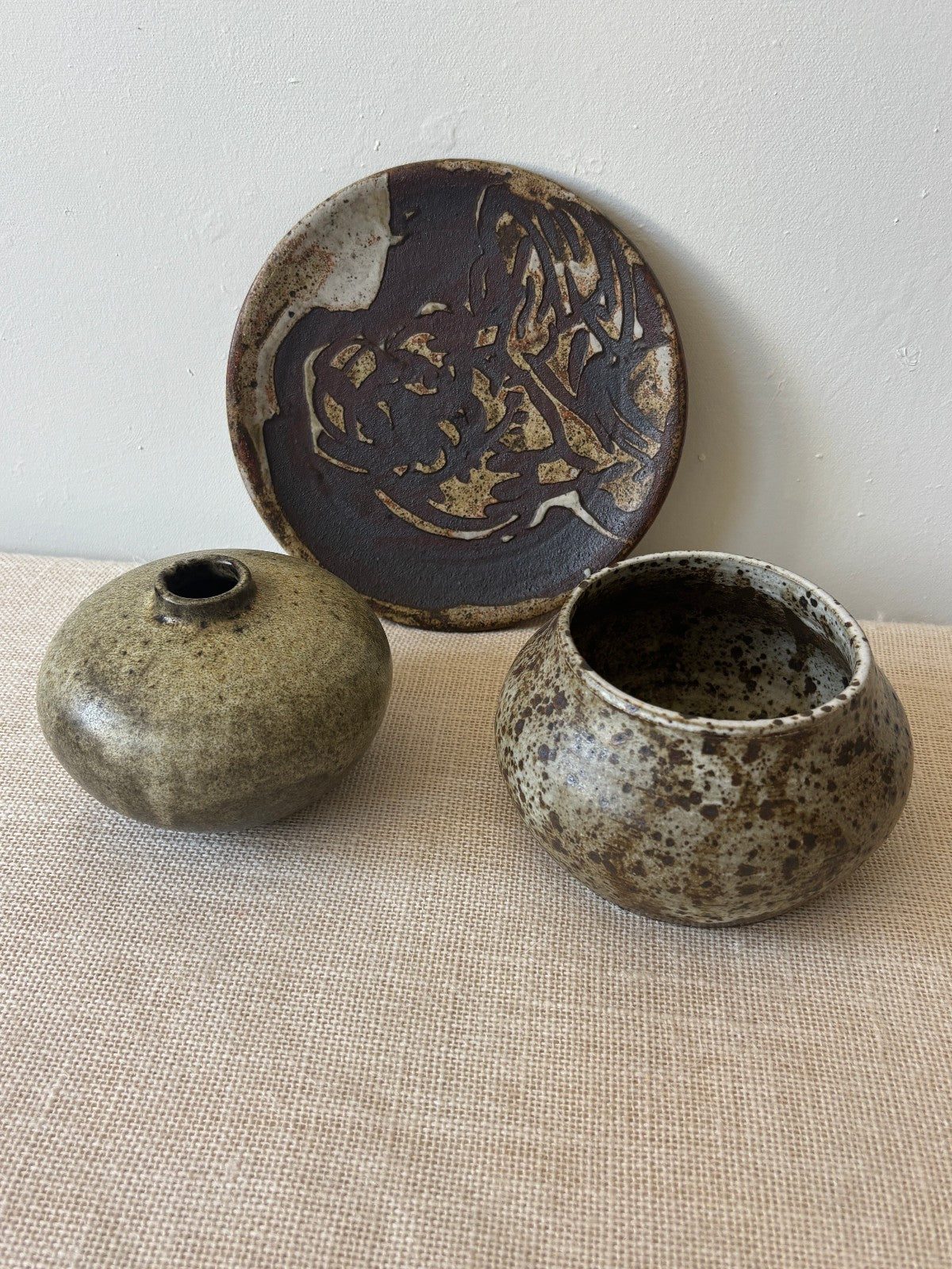 Mid Century Brown & Sage Glaze Studio Art Pottery, set of 3