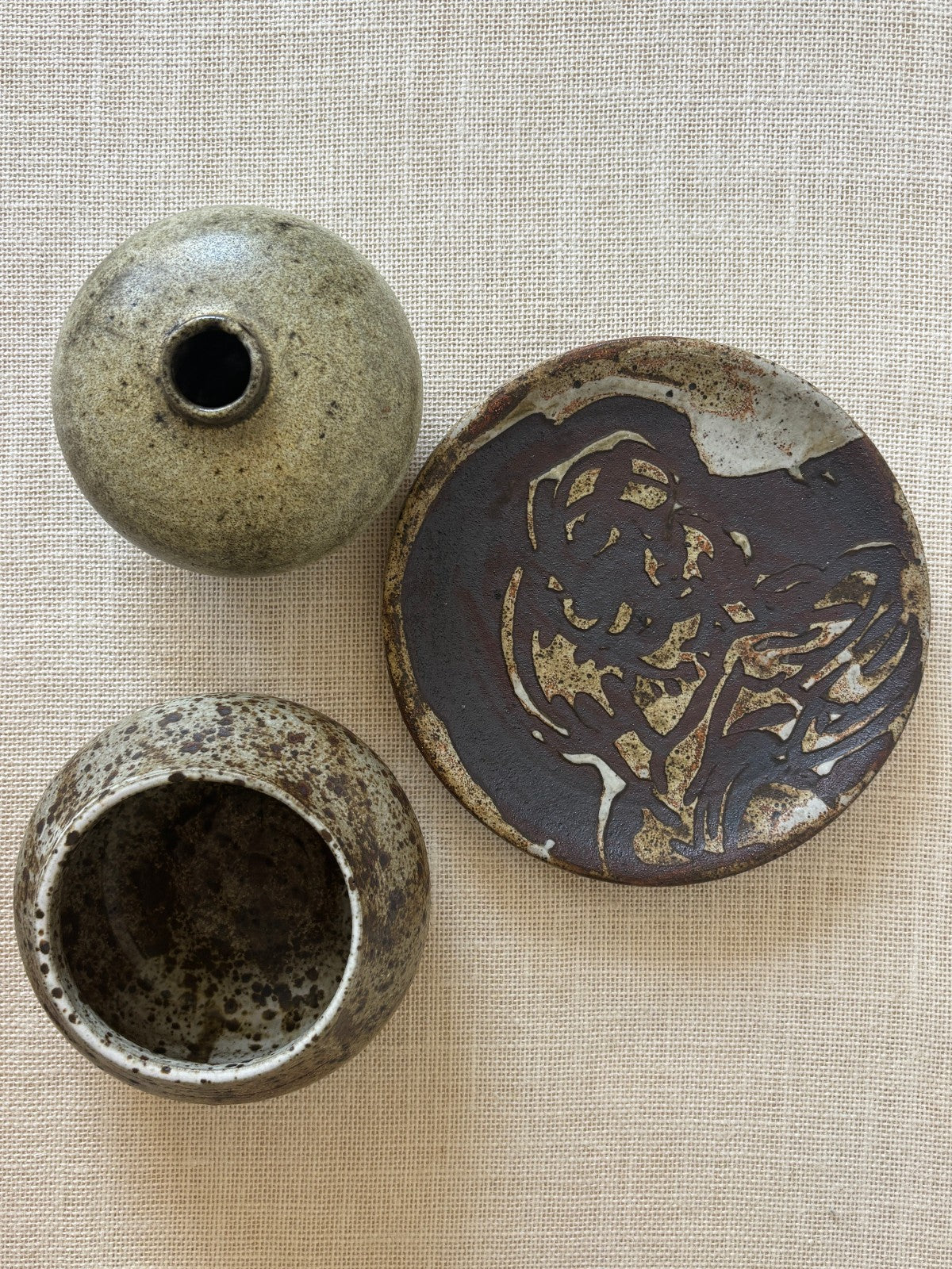 Mid Century Brown & Sage Glaze Studio Art Pottery, set of 3
