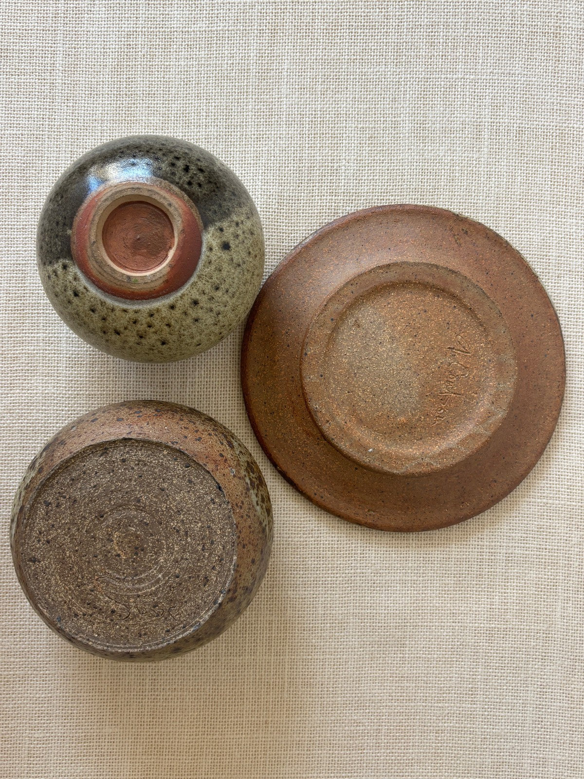 Mid Century Brown & Sage Glaze Studio Art Pottery, set of 3