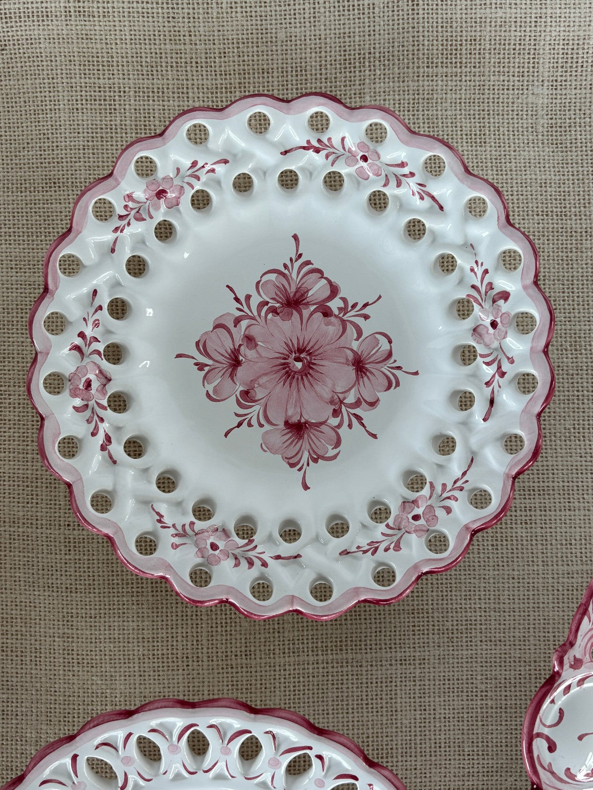 Hand painted PINK Wall Plates with Lace Rim by Vestal Alcobaca