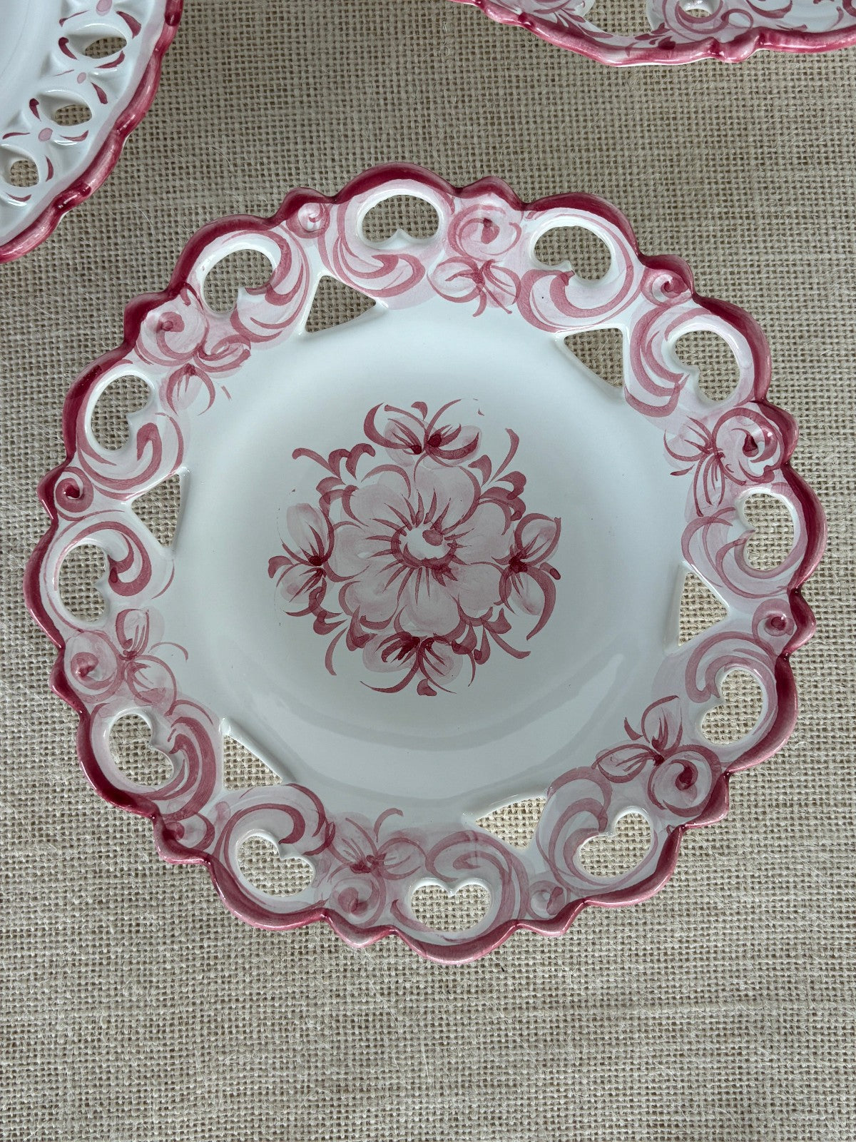 Hand painted PINK Wall Plates with Lace Rim by Vestal Alcobaca