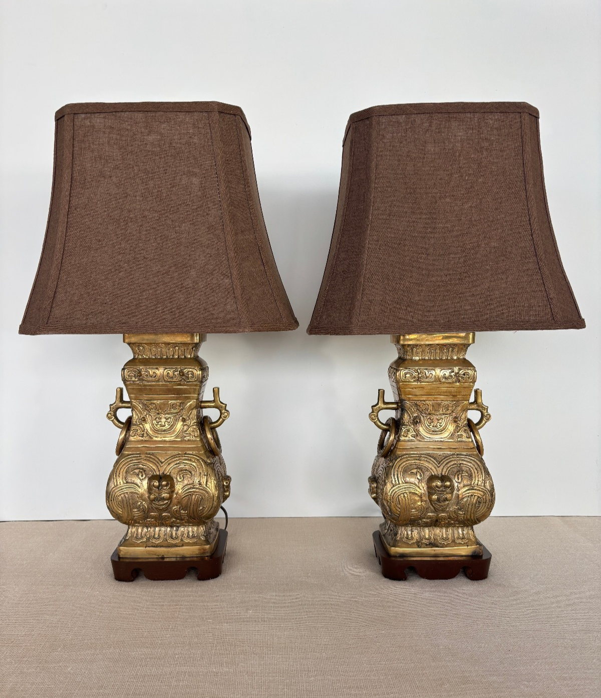 Pair Asian Archaic Brass Urn Lamps with Linen Shades