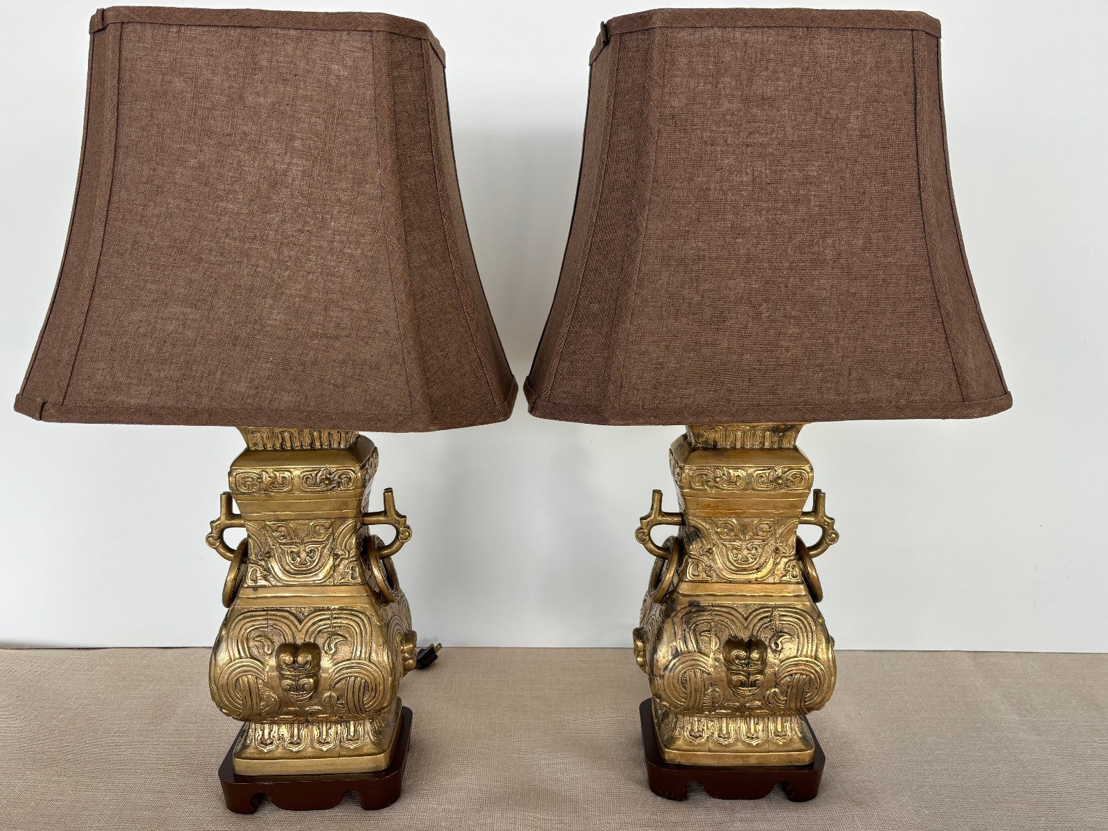 Pair Asian Archaic Brass Urn Lamps with Linen Shades