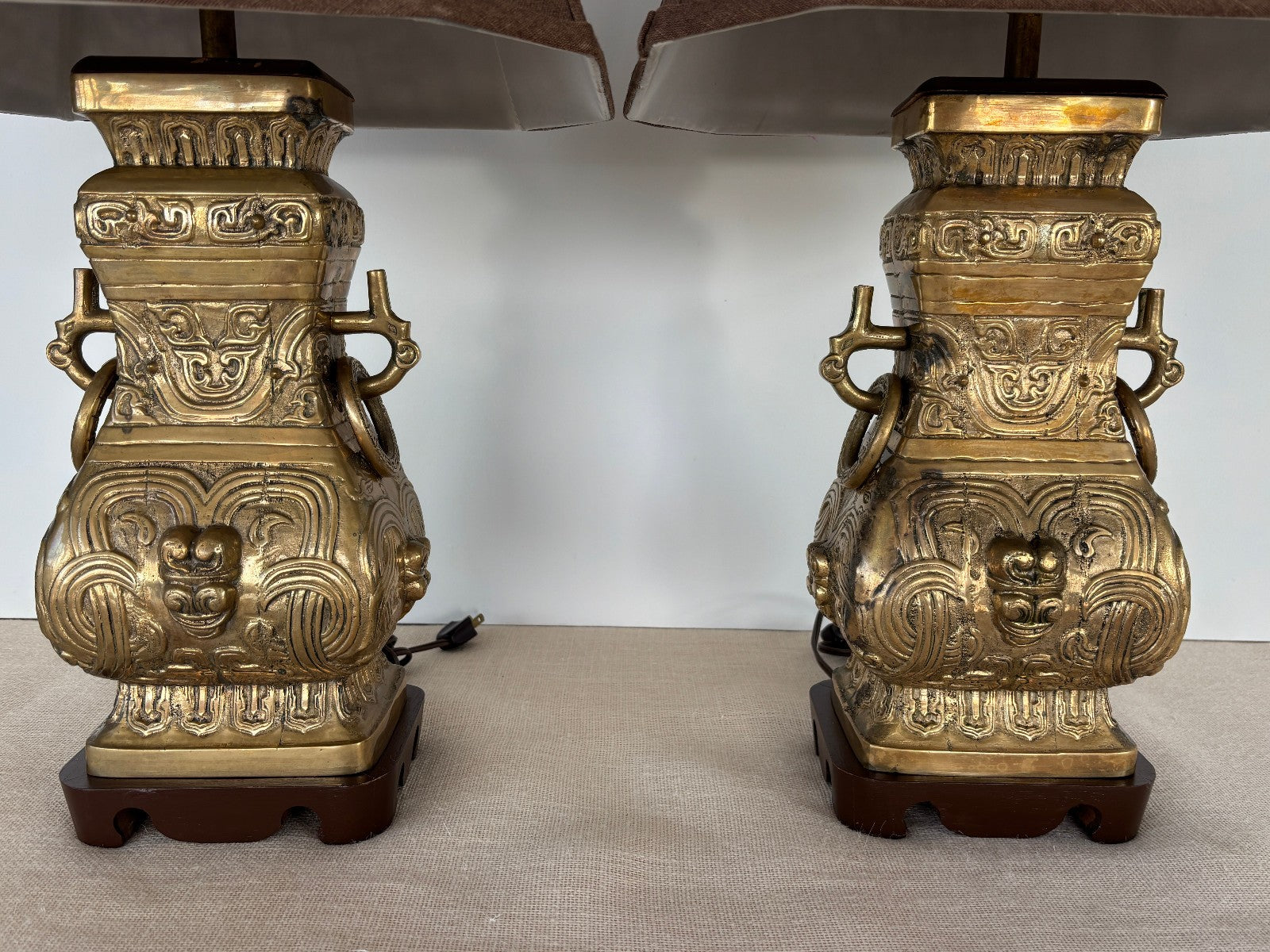 Pair Asian Archaic Brass Urn Lamps with Linen Shades