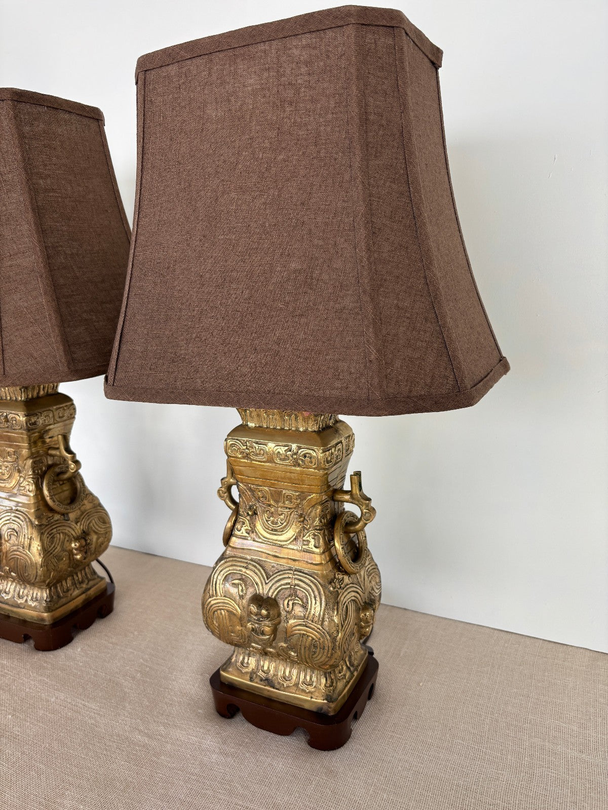 Pair Asian Archaic Brass Urn Lamps with Linen Shades