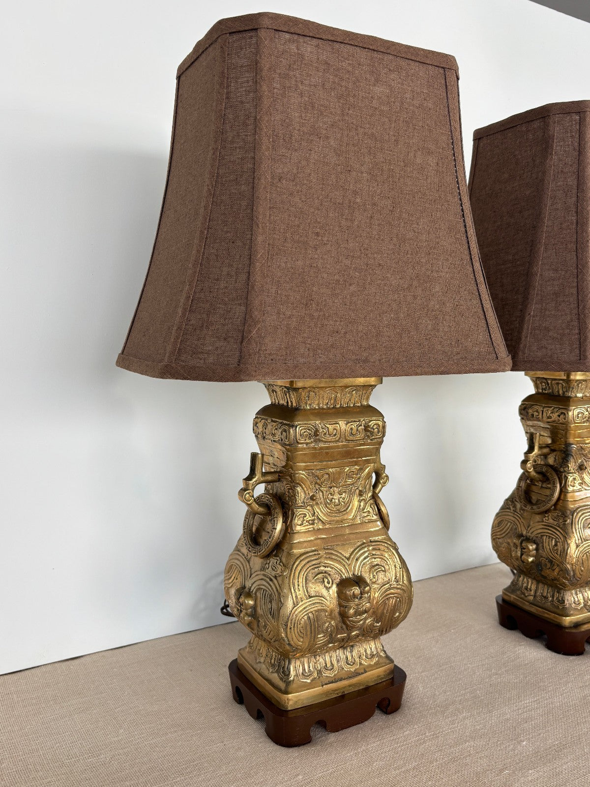 Pair Asian Archaic Brass Urn Lamps with Linen Shades