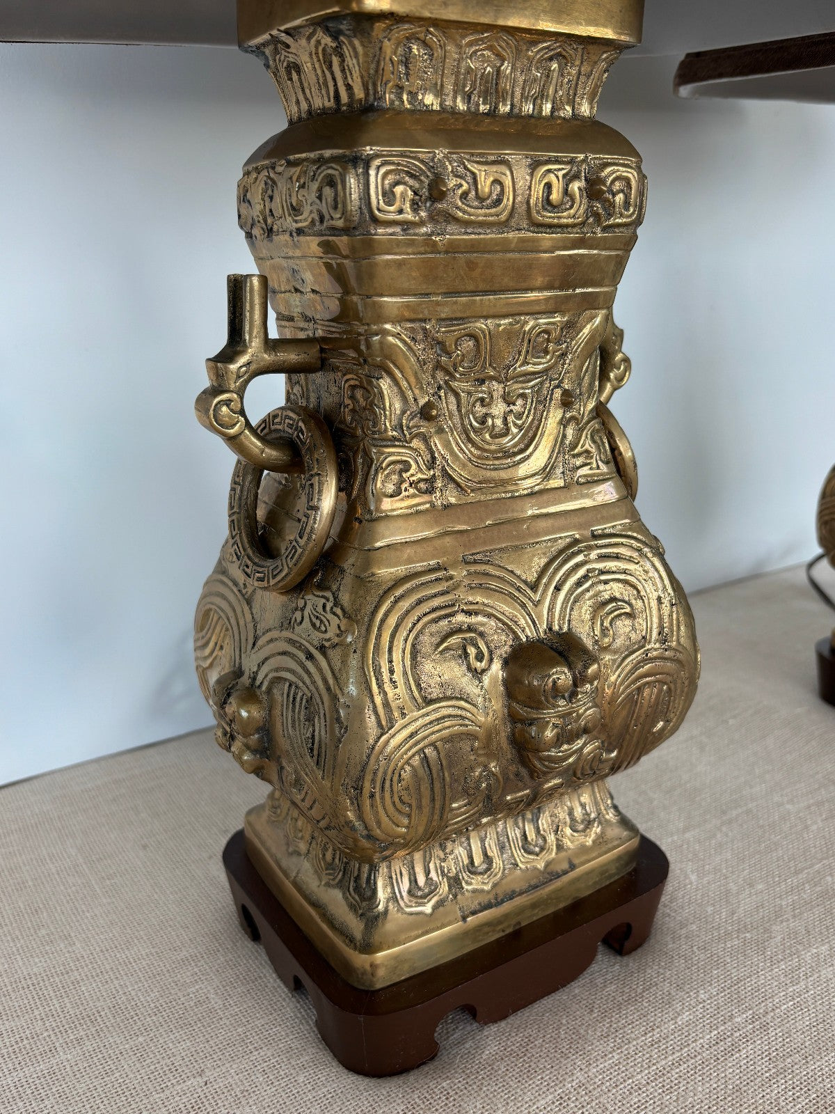 Pair Asian Archaic Brass Urn Lamps with Linen Shades