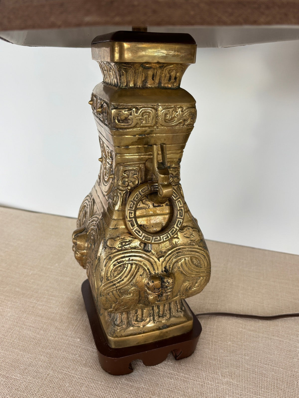 Pair Asian Archaic Brass Urn Lamps with Linen Shades