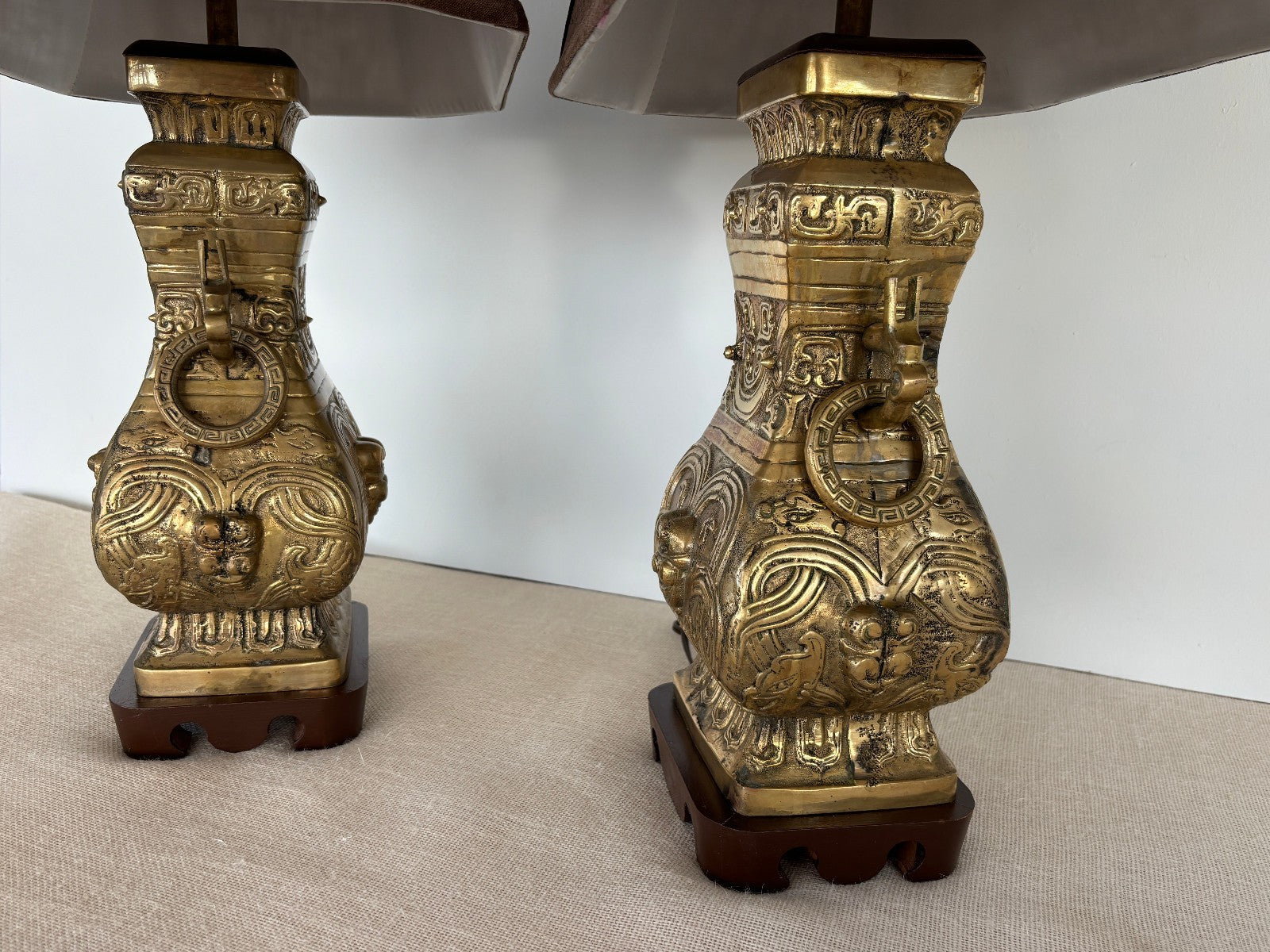 Pair Asian Archaic Brass Urn Lamps with Linen Shades