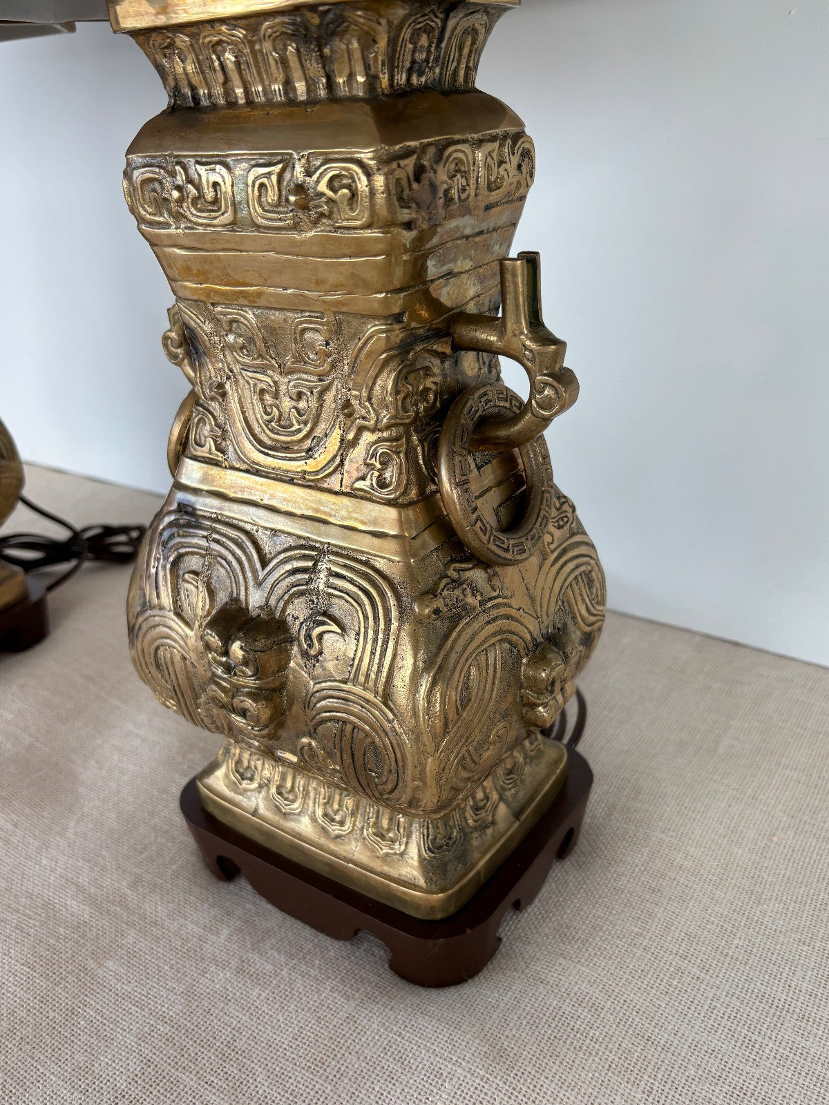 Pair Asian Archaic Brass Urn Lamps with Linen Shades