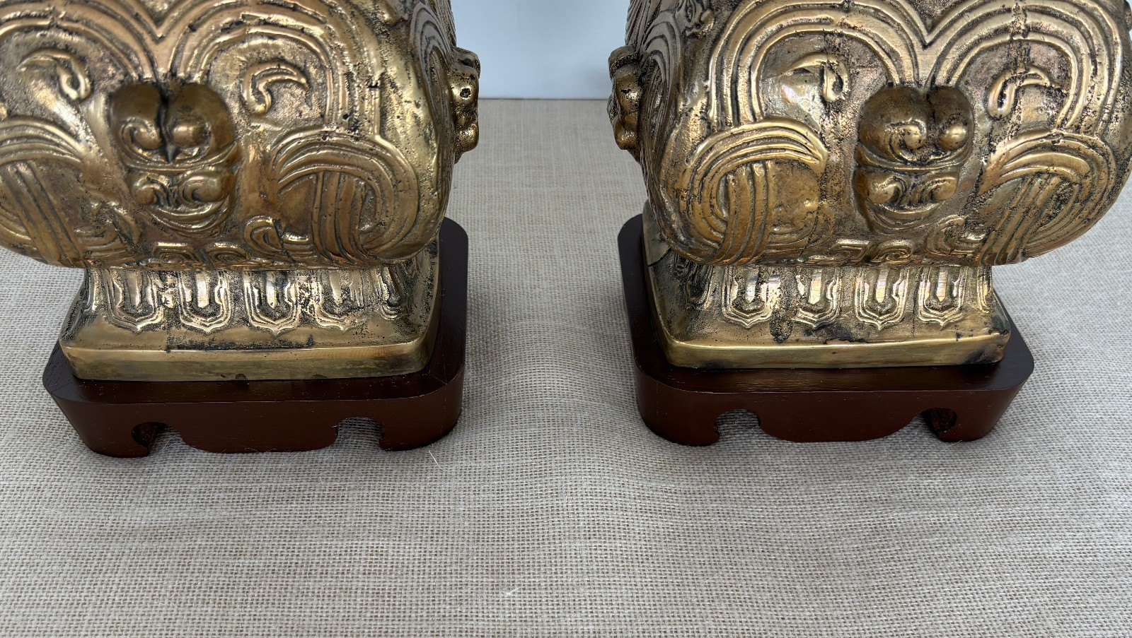 Pair Asian Archaic Brass Urn Lamps with Linen Shades
