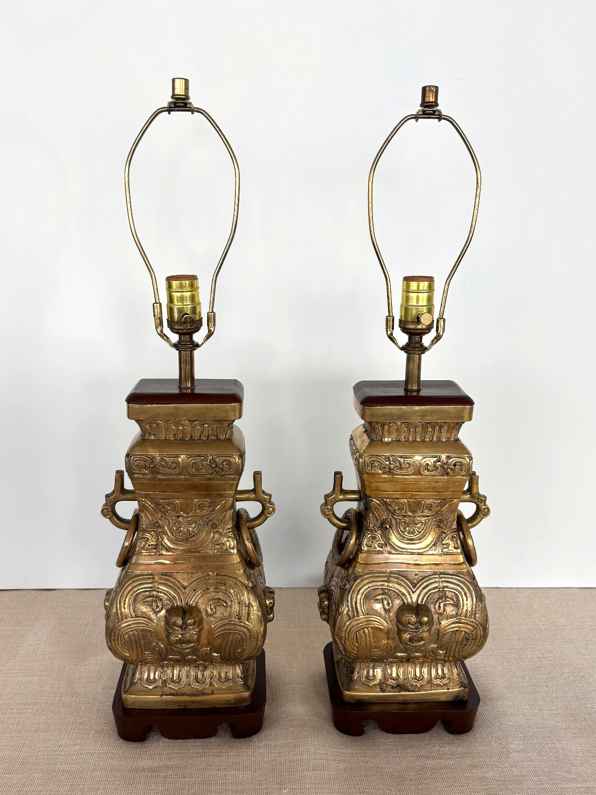 Pair Asian Archaic Brass Urn Lamps with Linen Shades