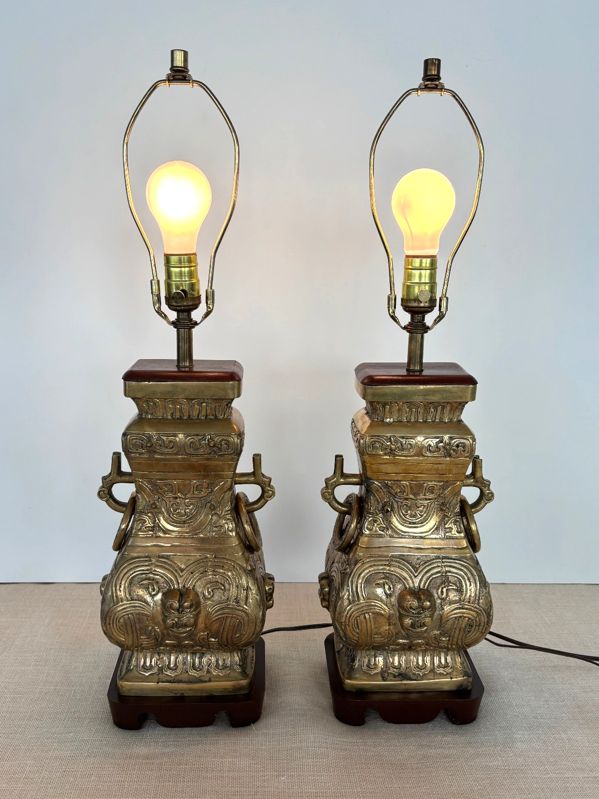 Pair Asian Archaic Brass Urn Lamps with Linen Shades