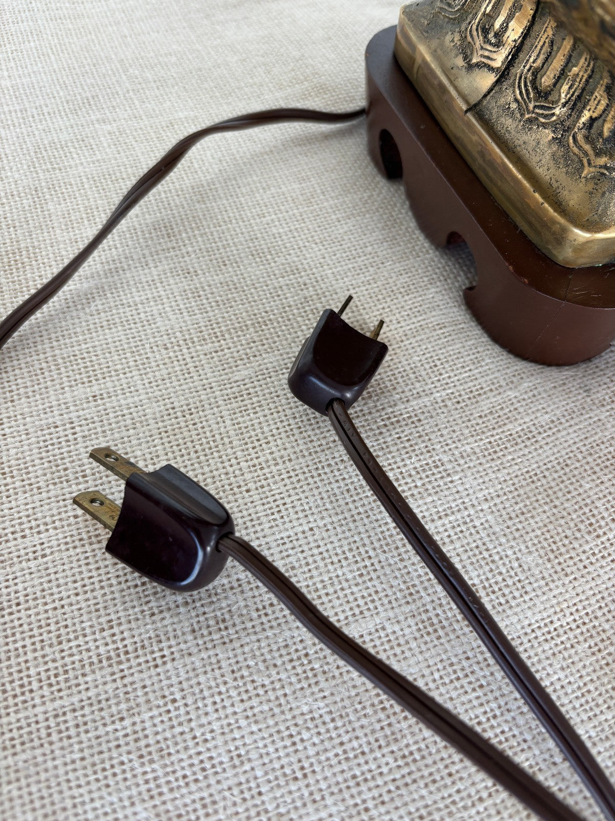 Pair Asian Archaic Brass Urn Lamps with Linen Shades