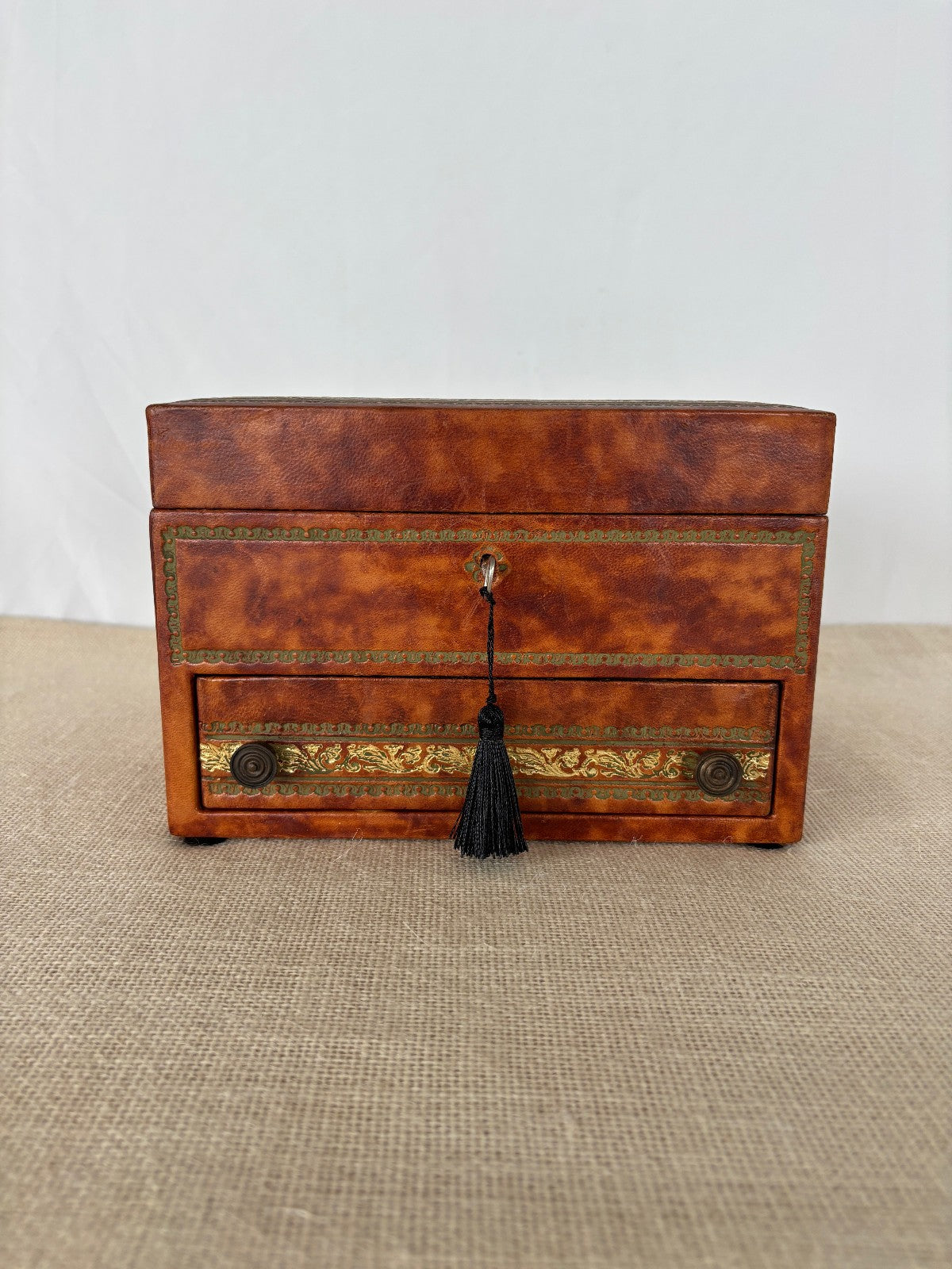 Florentine gold embossed leather wrapped Jewelry Box with Key