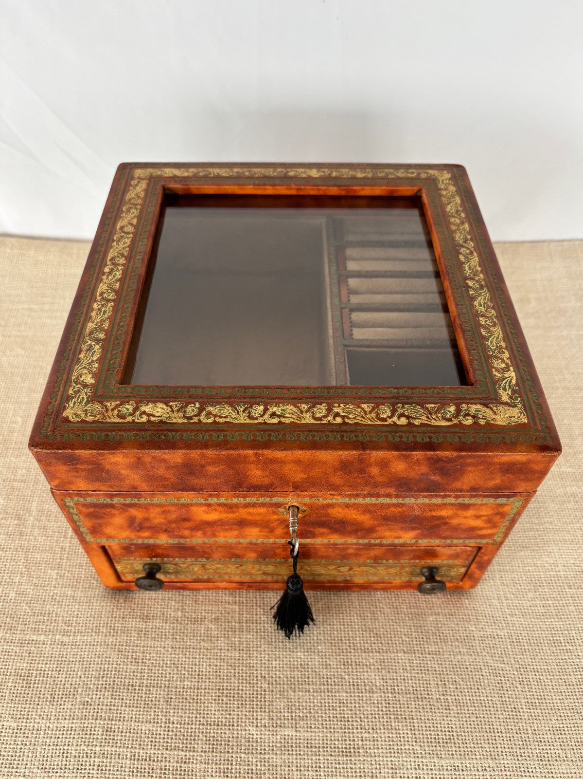 Florentine gold embossed leather wrapped Jewelry Box with Key