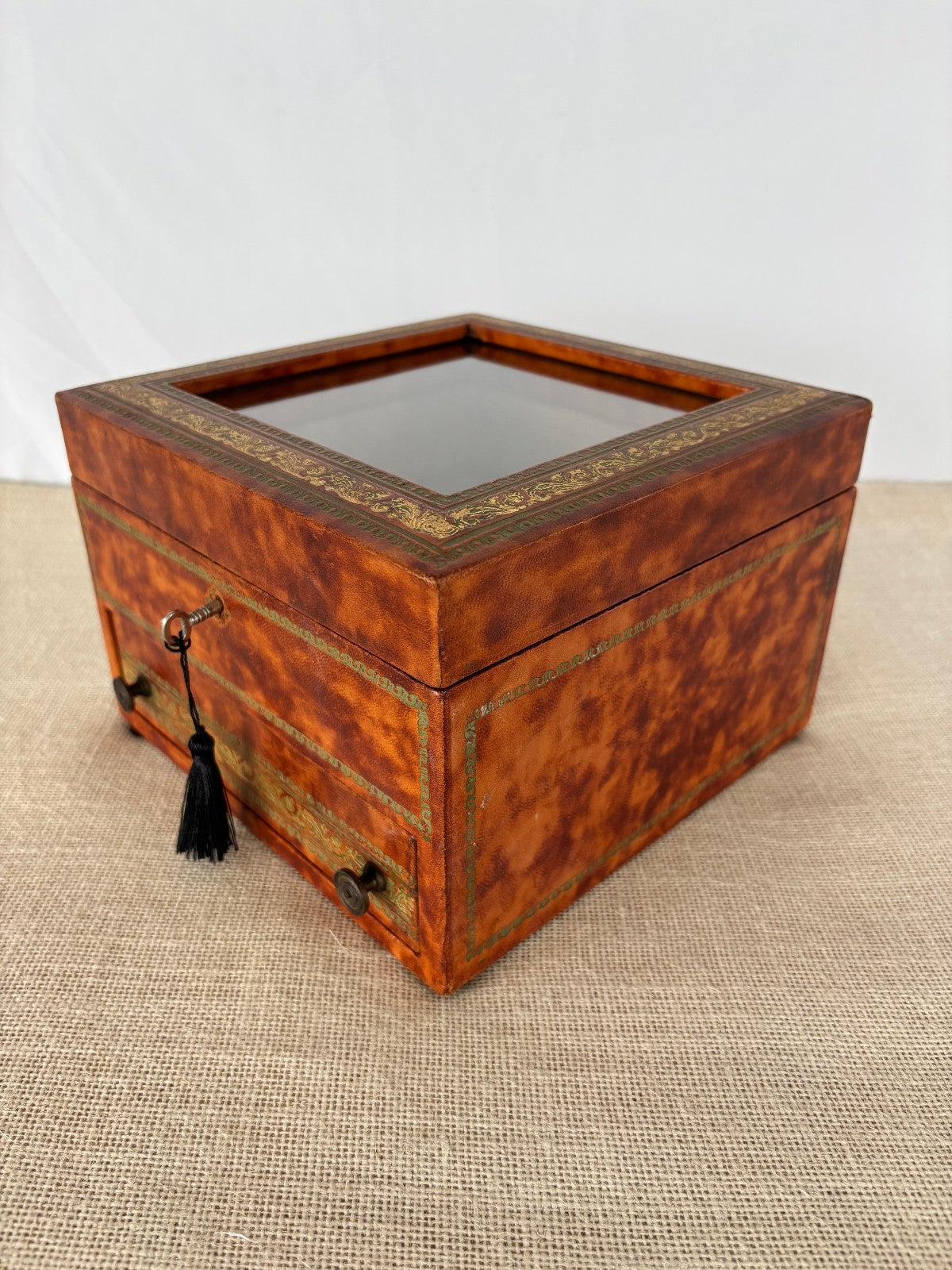 Florentine gold embossed leather wrapped Jewelry Box with Key