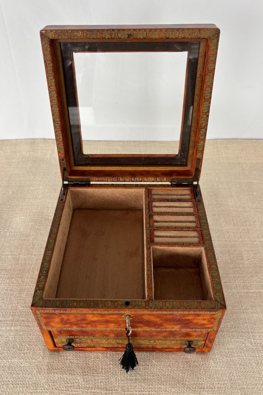 Florentine gold embossed leather wrapped Jewelry Box with Key