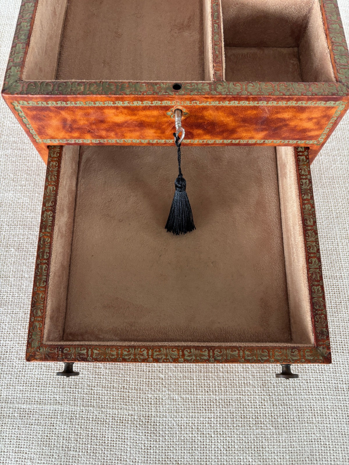 Florentine gold embossed leather wrapped Jewelry Box with Key