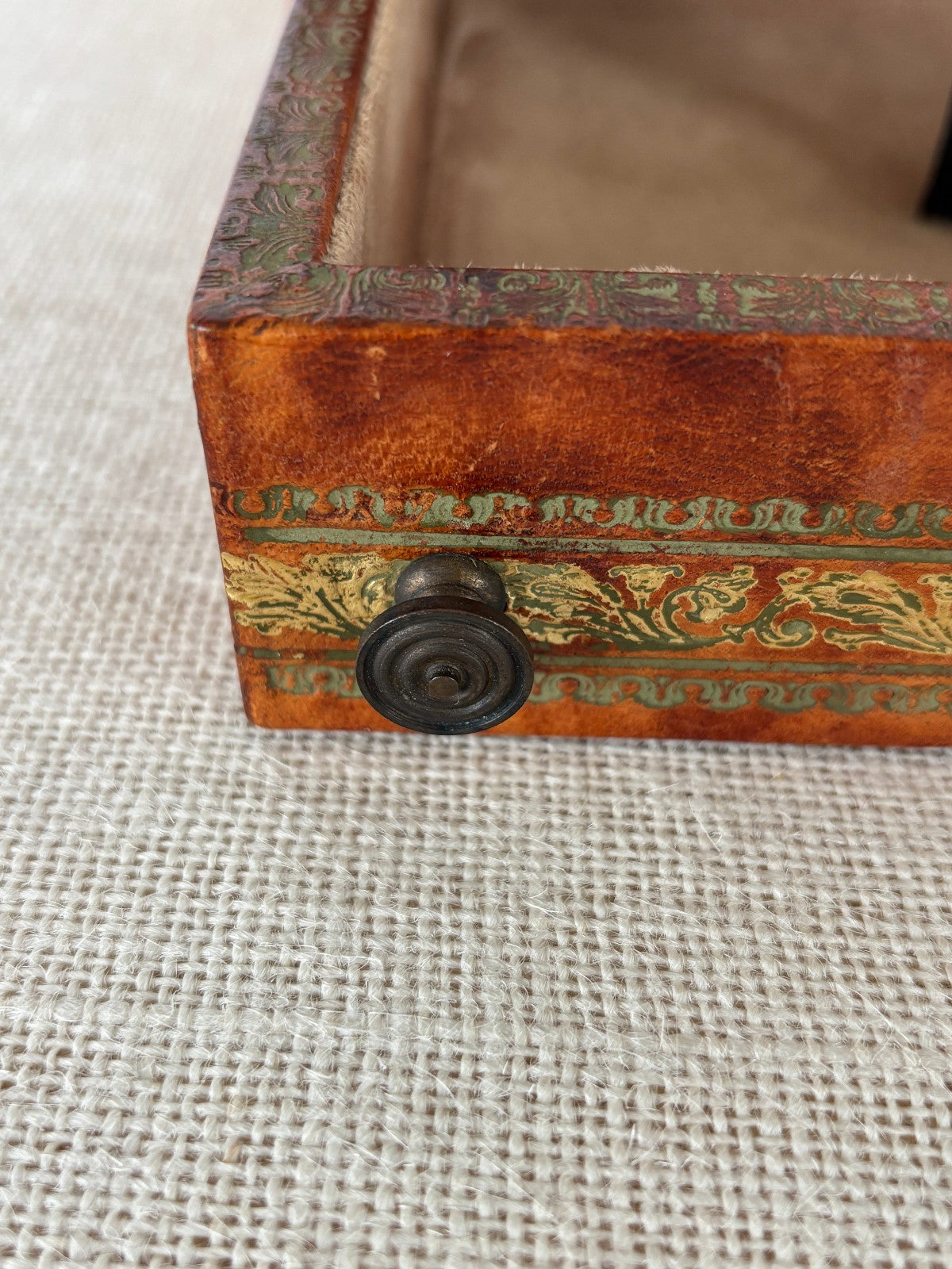 Florentine gold embossed leather wrapped Jewelry Box with Key