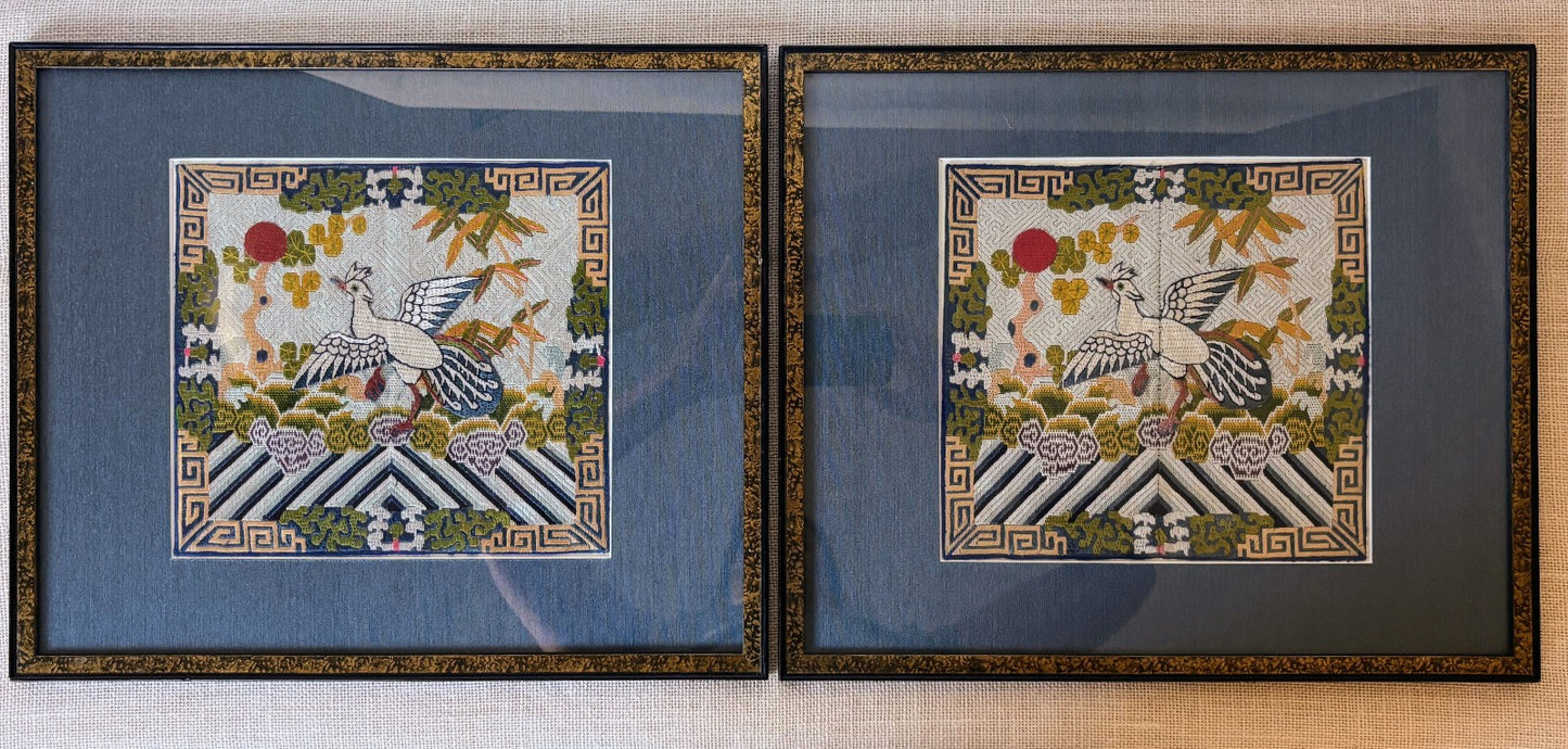 Qing Dynasty Chinese Civil Rank Silver Pheasant Badge Robe Set Framed