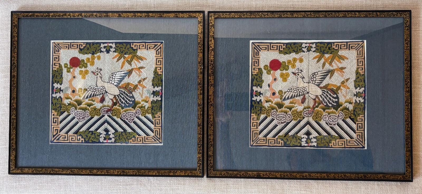 Qing Dynasty Chinese Civil Rank Silver Pheasant Badge Robe Set Framed